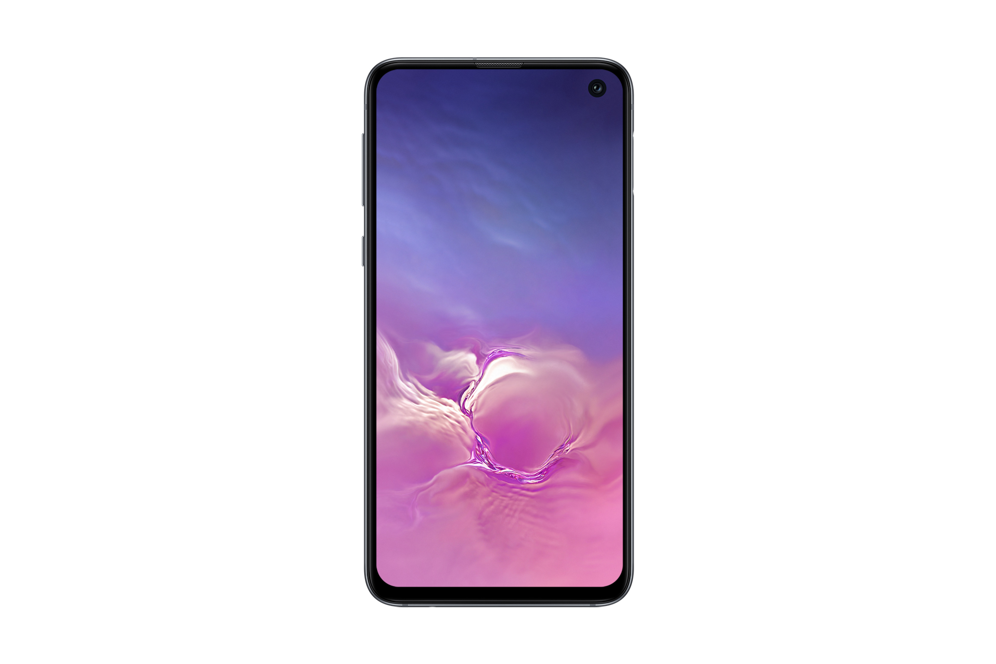 Smartphone Samsung con schermo luminoso e cornice nera. Lo sfondo è bianco.