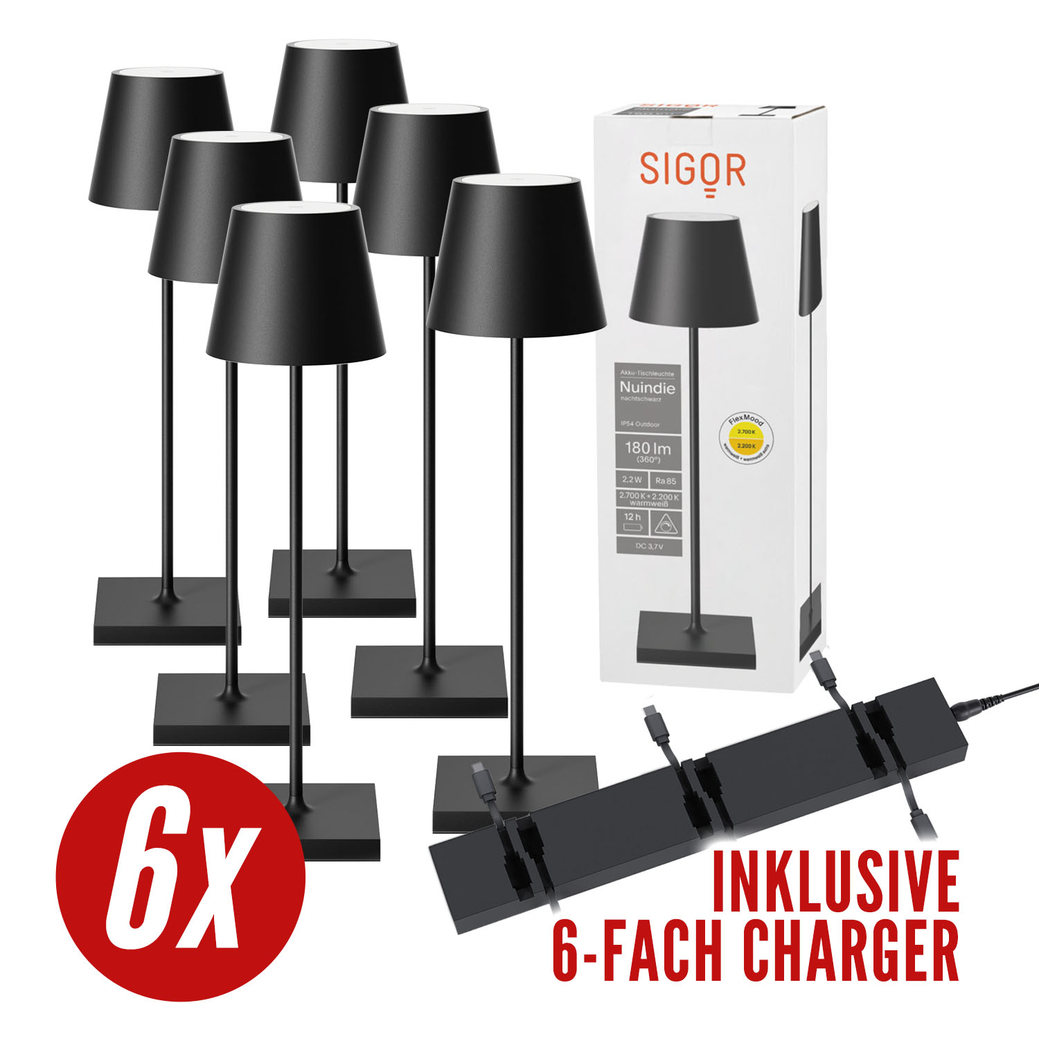Set schwarzer Lampen mit Ladestation. Enthält Text '6x' und '6-FACH CHARGER'.