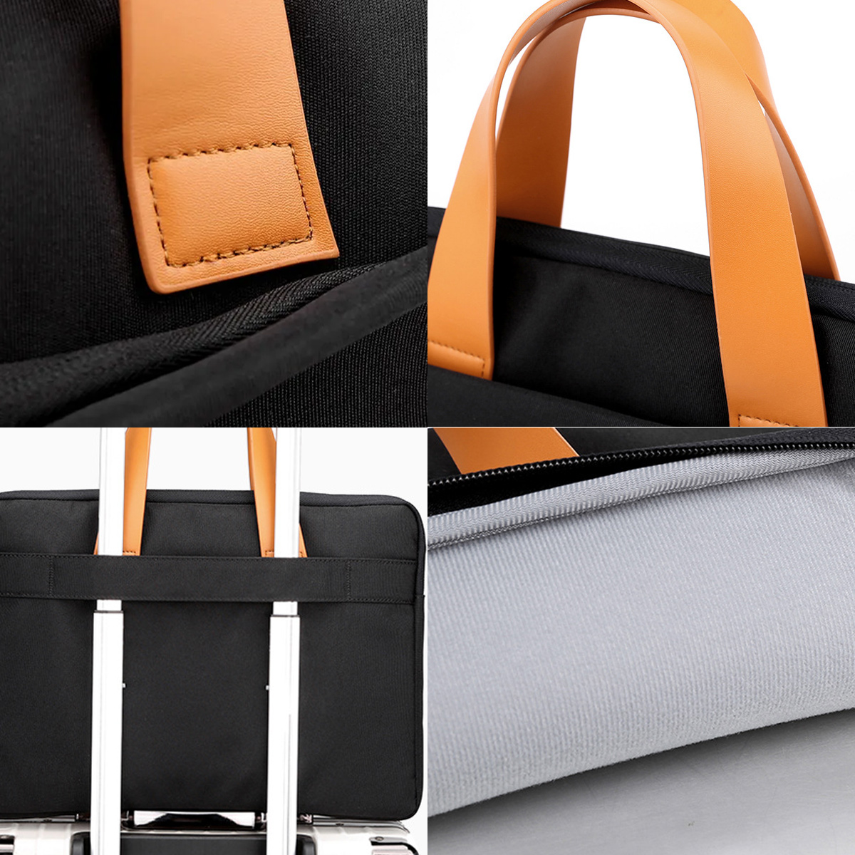Nahaufnahmen einer schwarzen Laptoptasche mit braunen Lederakzenten. Die Tasche liegt auf einem Koffer.