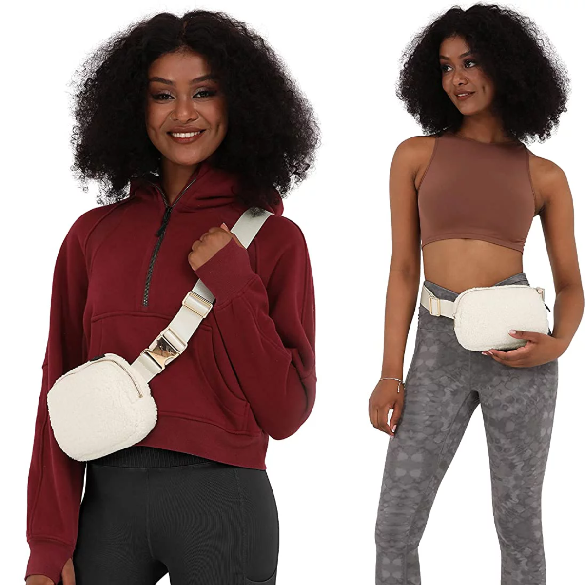 Zwei Frauen mit weißen, flauschigen Bauchtaschen, Sportkleidung. Eine in rotem Hoodie.