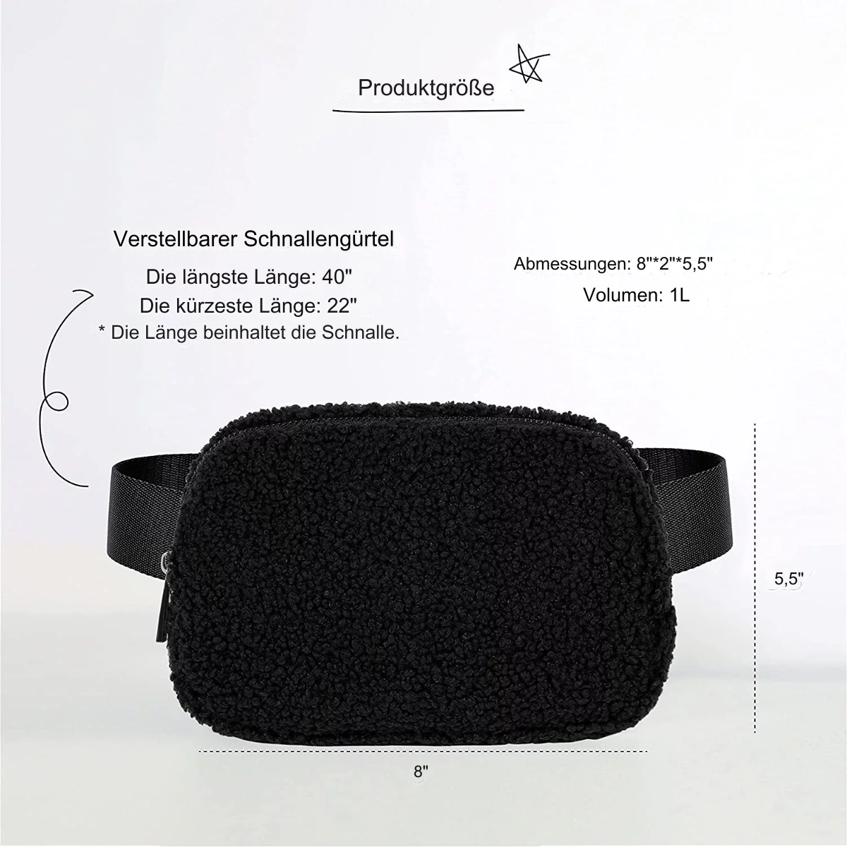 Schwarze, flauschige Tasche mit verstellbarem Riemen. Maße sind abgebildet.
