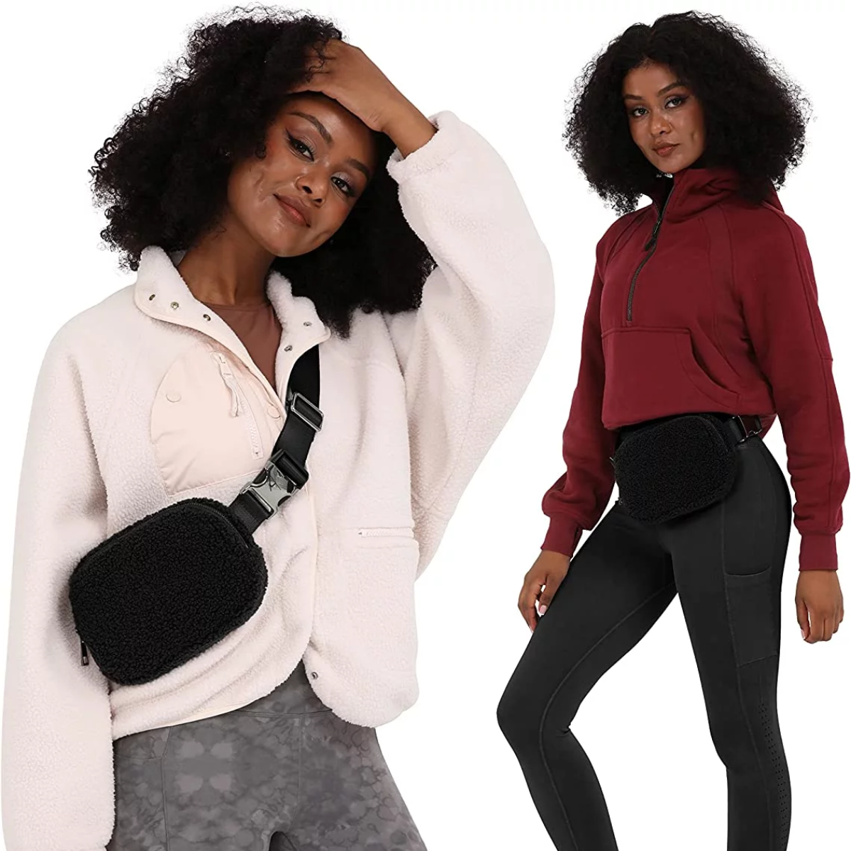 Zwei Frauen mit lockigem Haar in verschiedenen Outfits, beide mit schwarzen Bauchtaschen.