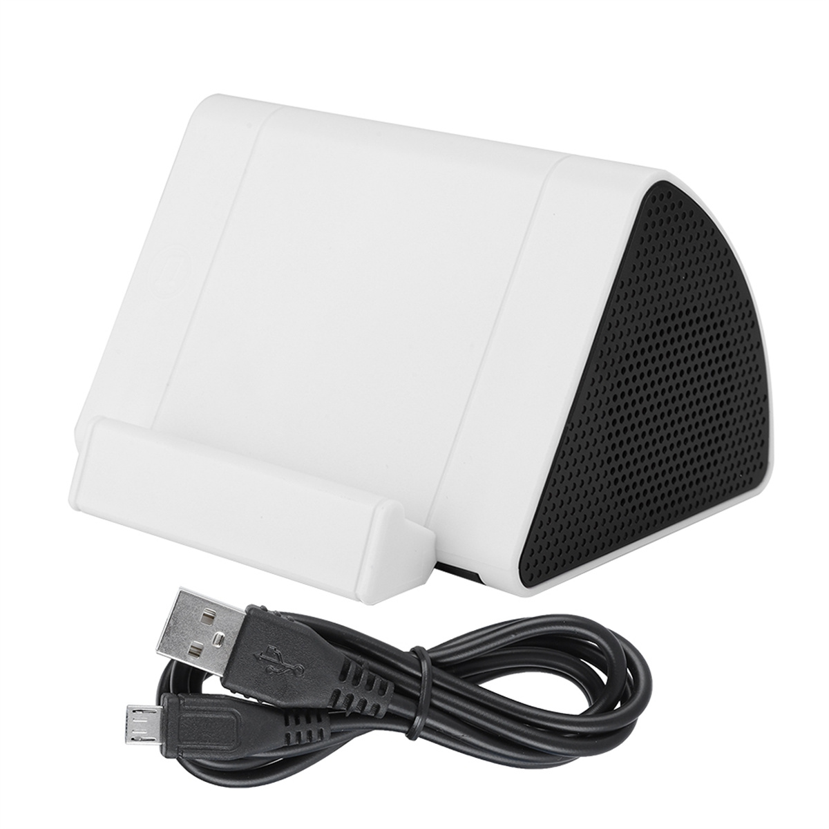 Weißer Lautsprecher mit schwarzer Gitterseite und USB-Kabel. Ständer davor.