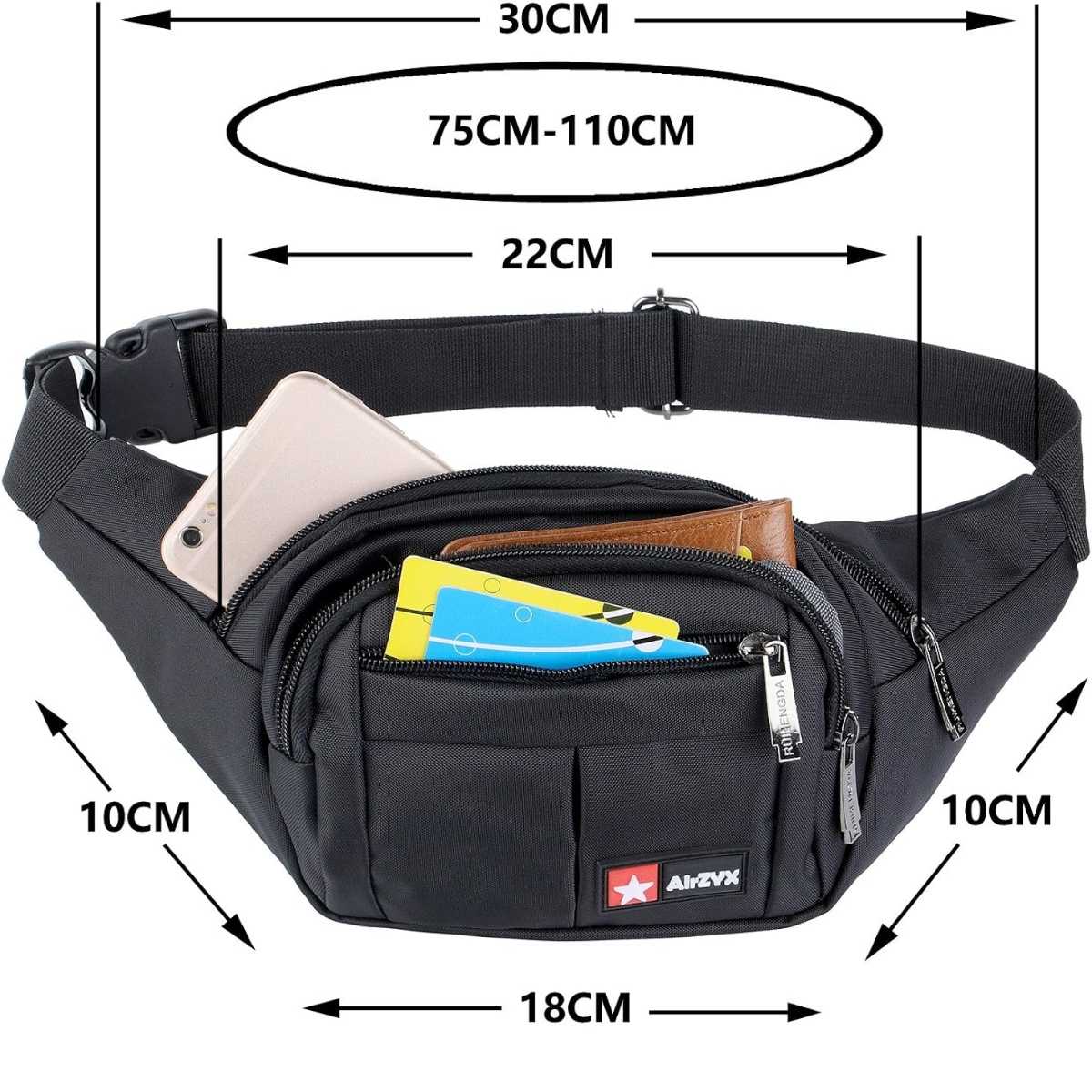 Schwarze Bauchtasche mit Telefon, Geldbörse und Karten. Abmessungen werden mit Pfeilen angezeigt.