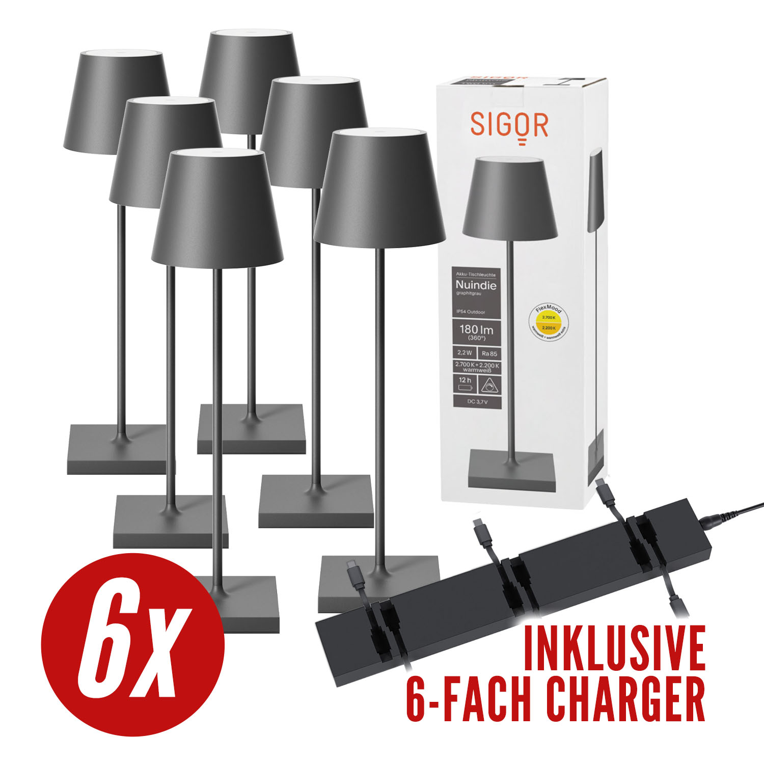 Set aus sechs grauen Tischlampen und einem Ladegerät. Die Lampe hat einen quadratischen Sockel und einen konischen Schirm. Text: 6x, 6-FACH CHARGER.