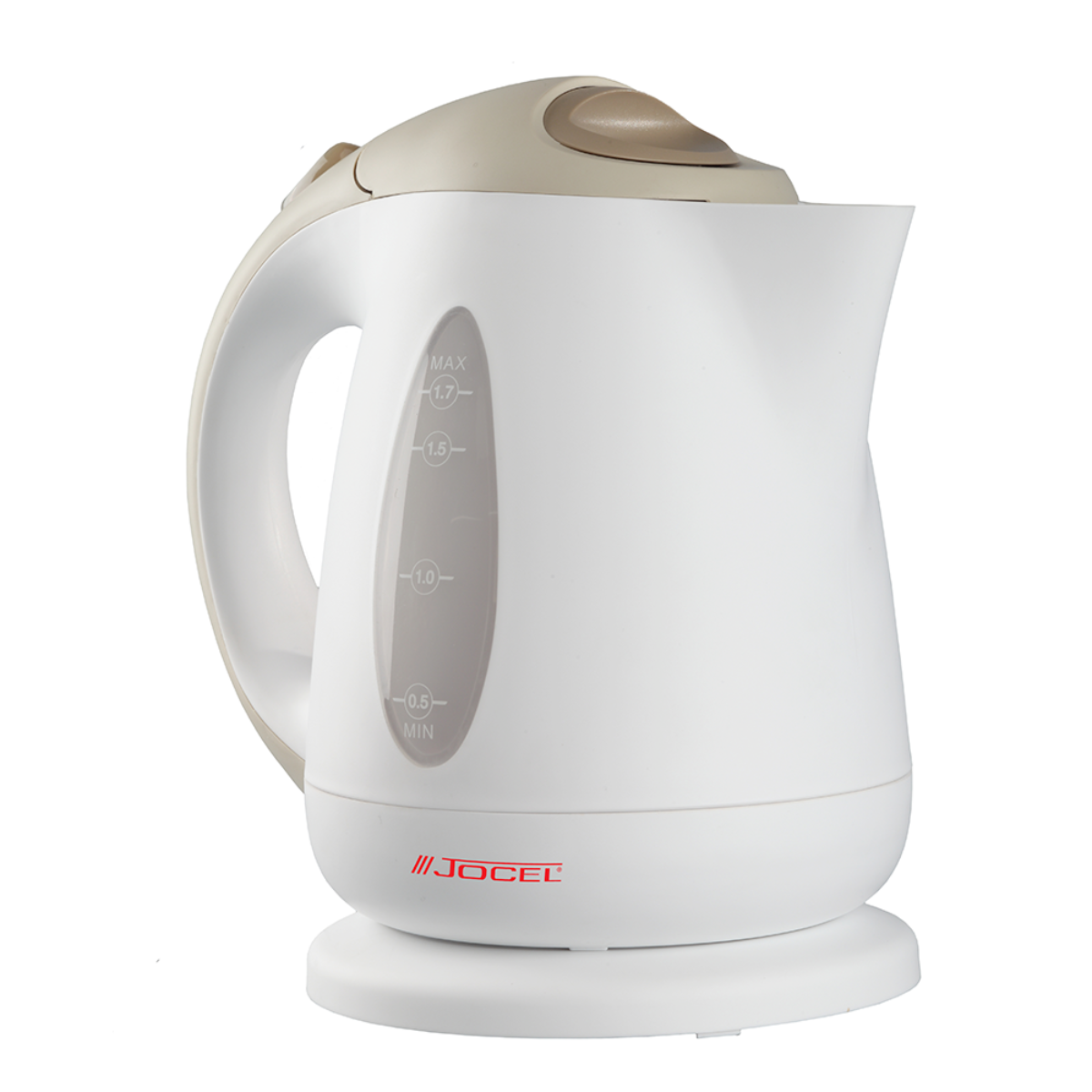 Hervidor eléctrico blanco con asa beige e indicador de nivel de agua transparente.