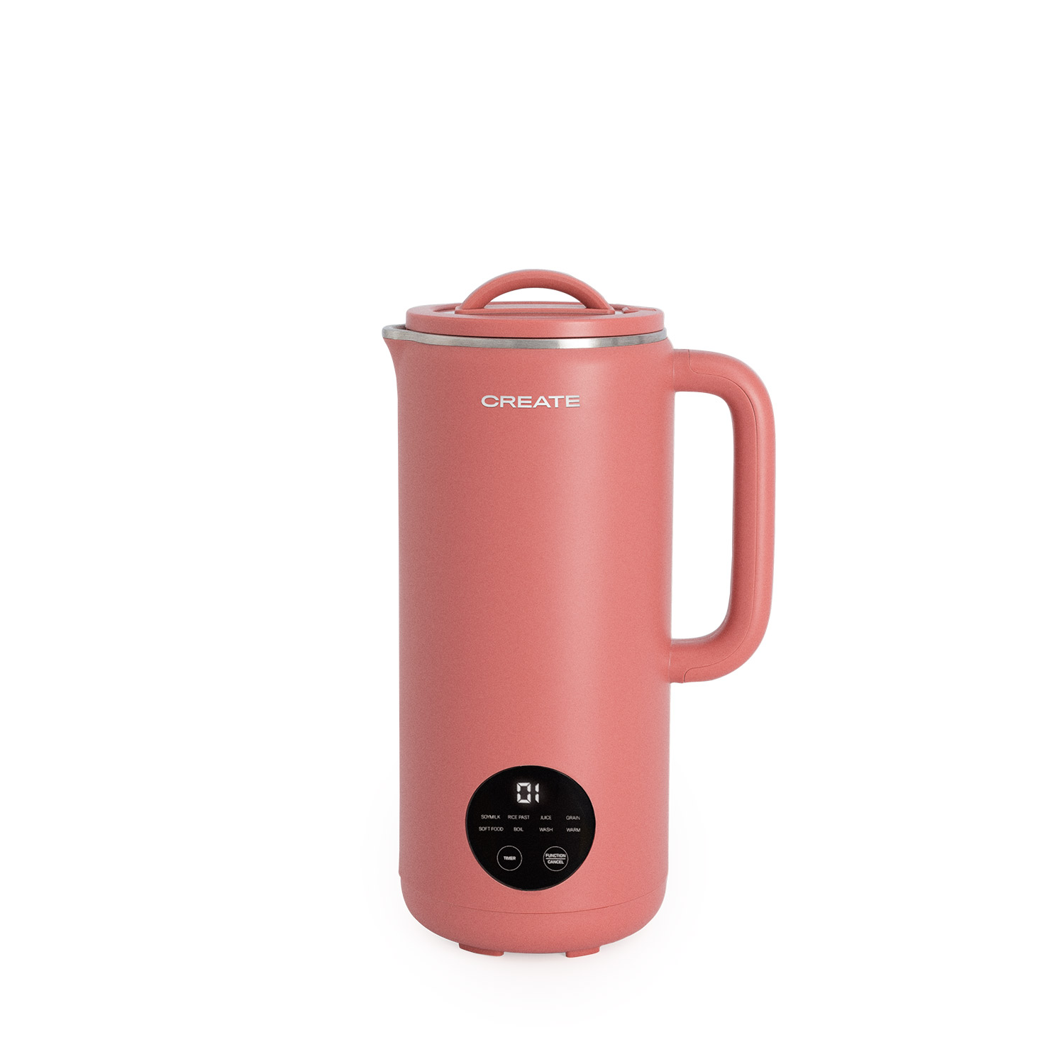 Un electrodoméstico de cocina CREATE rosa con asa, tapa y pantalla digital sobre fondo blanco.
