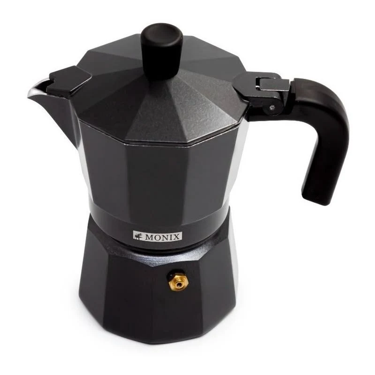 Caffettiera Moka nera con manico e coperchio, isolata su sfondo bianco. Logo Monix visibile.
