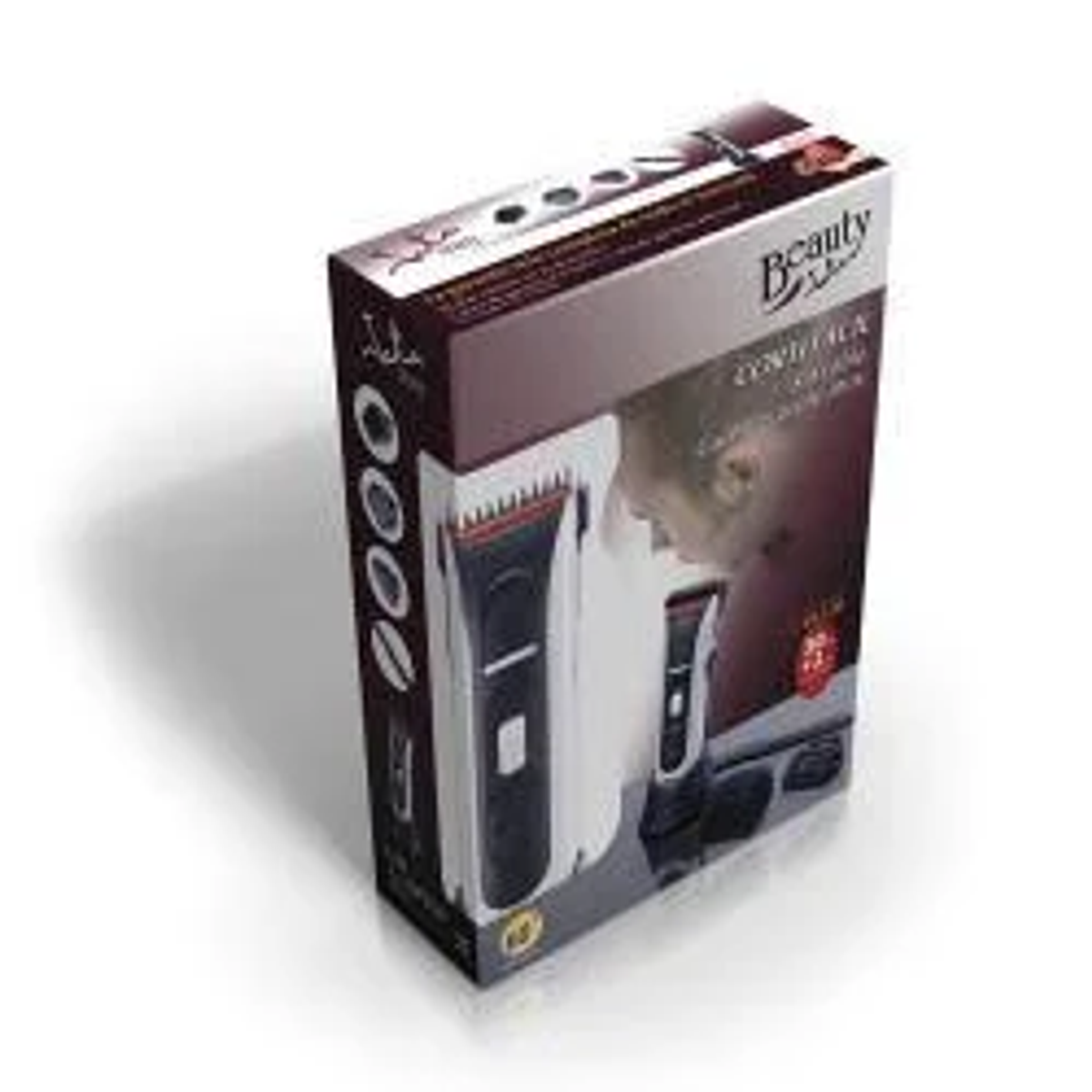 Una caja de producto de belleza para una cortadora de cabello, que muestra la cortadora y la cara de un hombre.