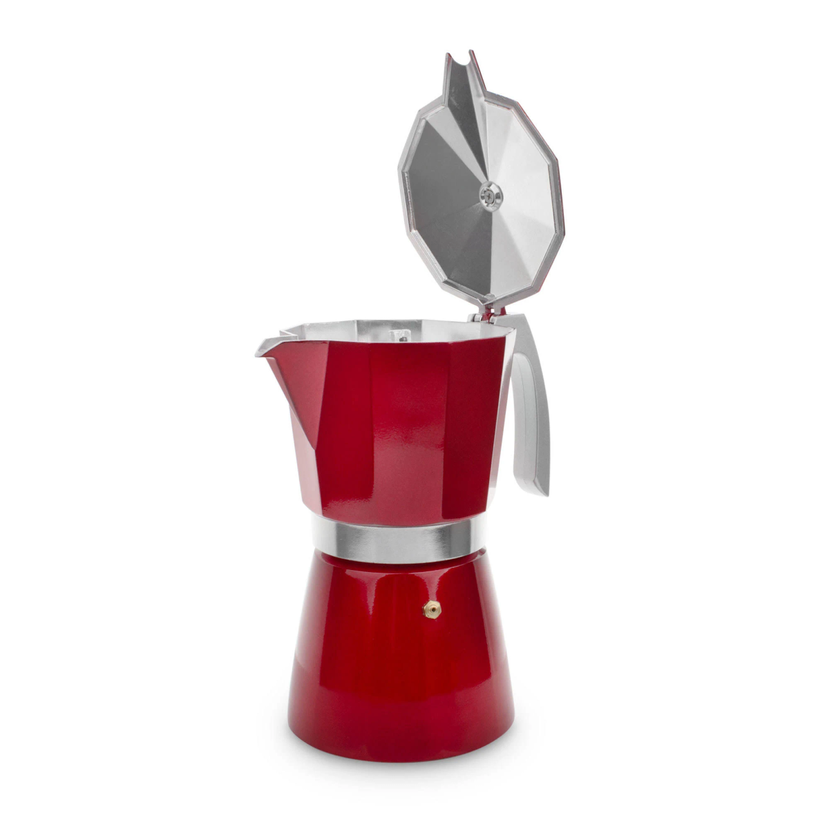 Una caffettiera rossa, aperta, per fornelli. Il coperchio è aperto, mostrando l'interno. Sfondo bianco.