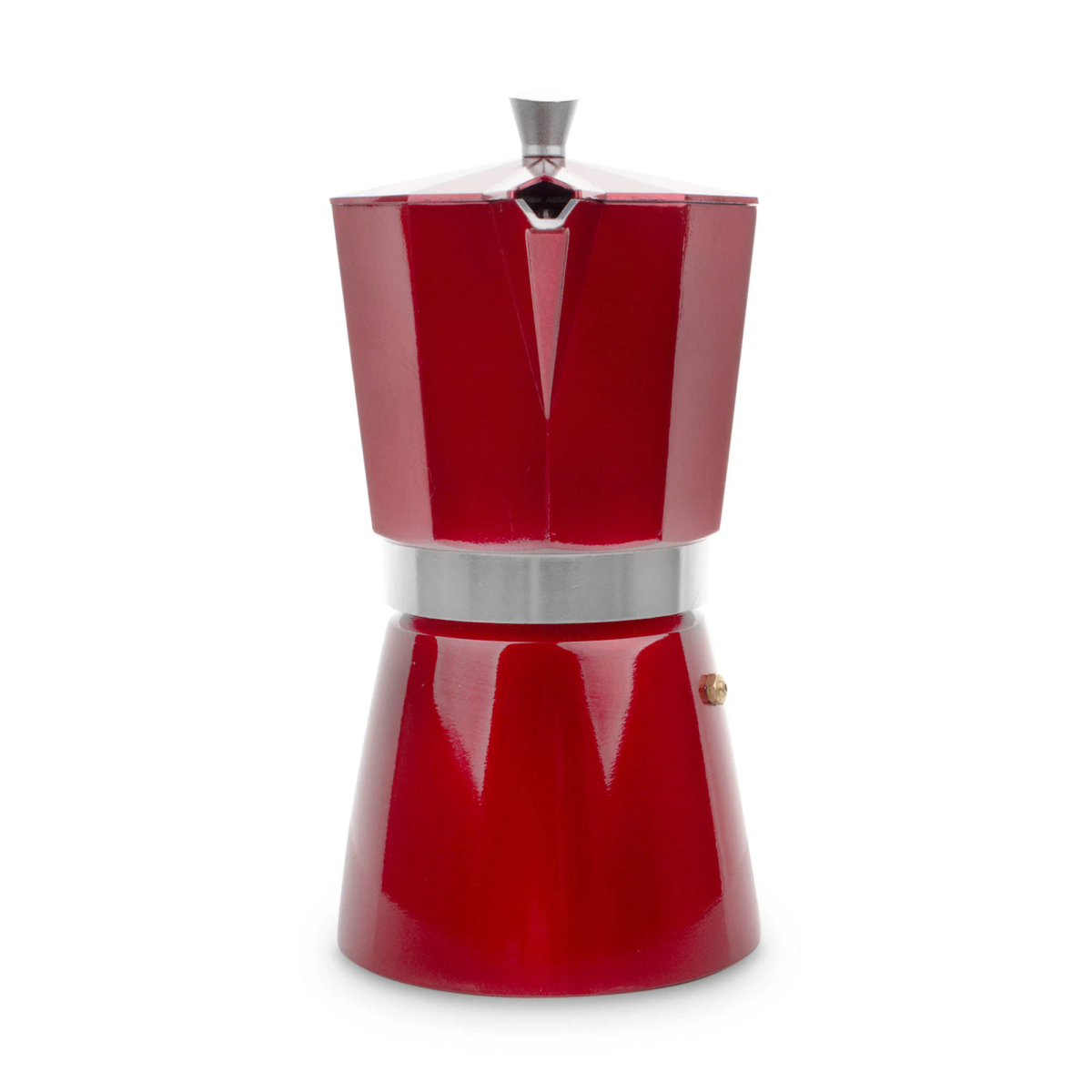 Caffettiera rossa con dettagli argentati. Sfondo bianco.