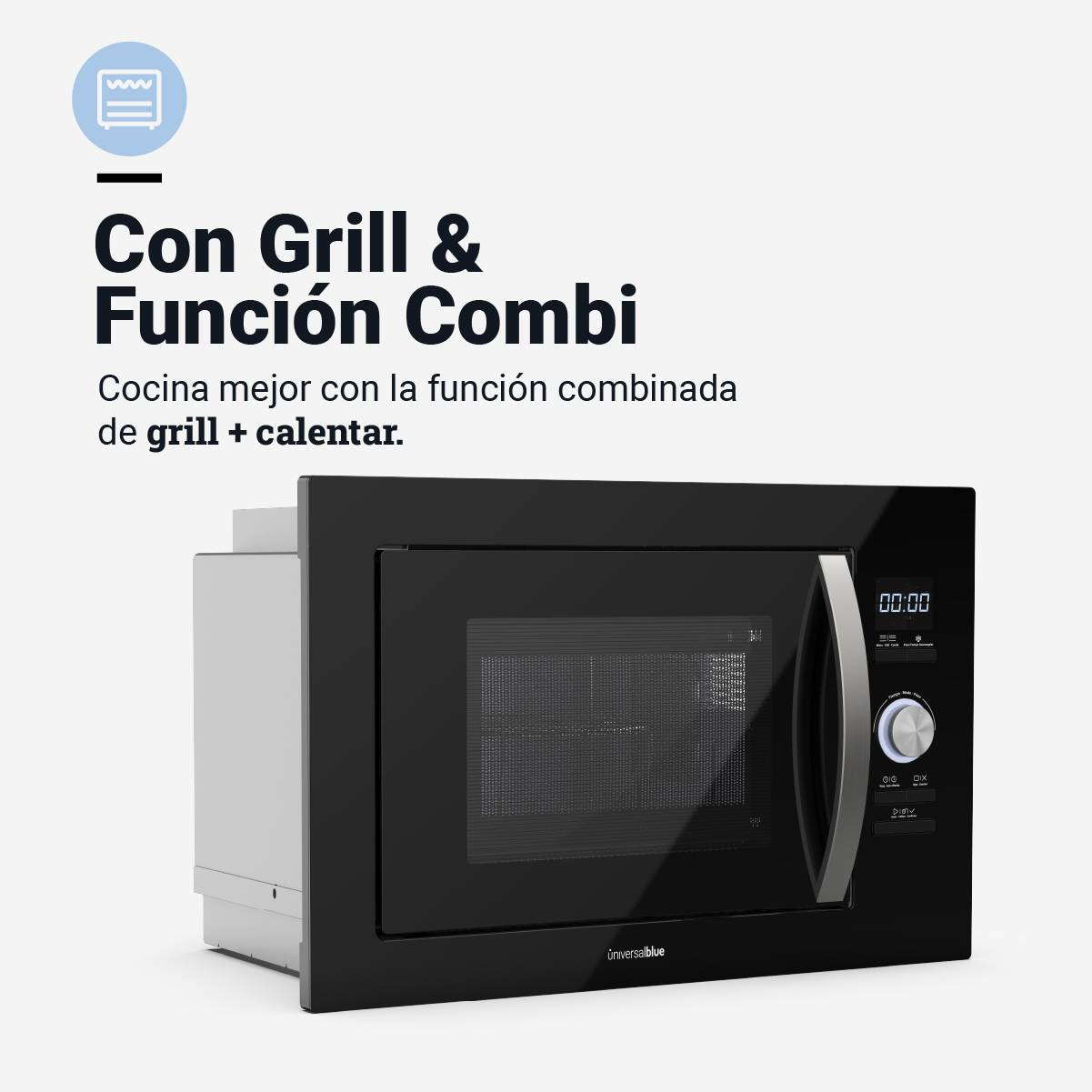 Un horno microondas negro con texto que promociona funciones de grill y combi. Marco blanco.