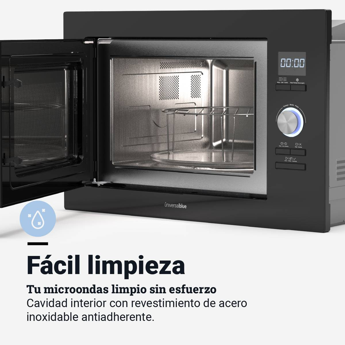 Un horno microondas negro con la puerta abierta. Texto en español que promueve la limpieza fácil y el interior de acero inoxidable.