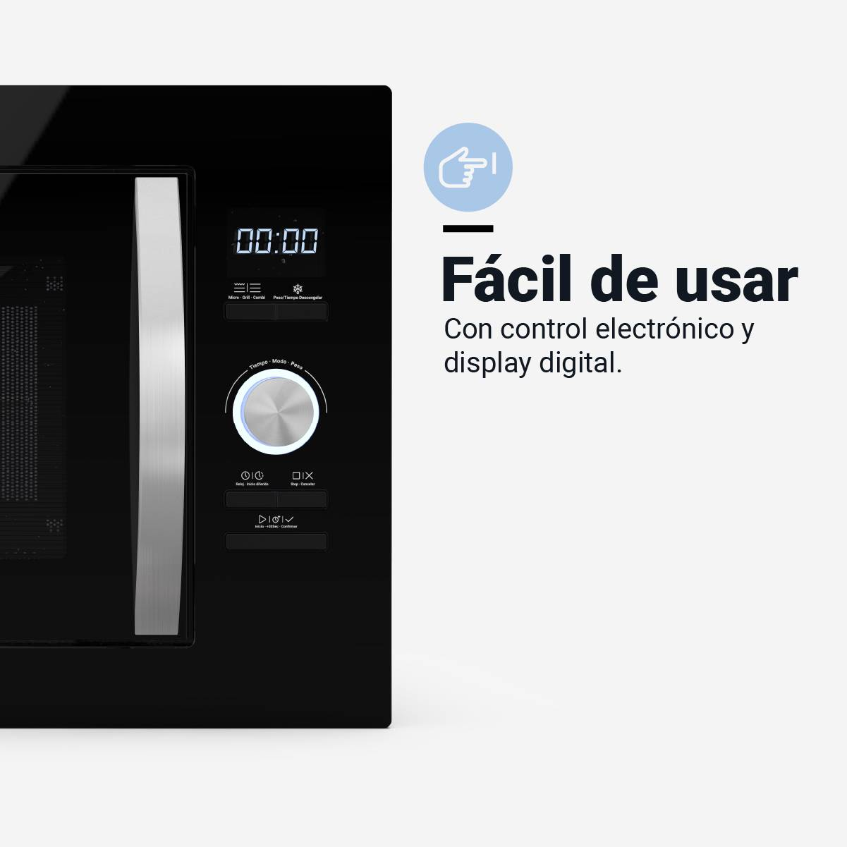 Microondas negro con pantalla digital y panel de control. Texto dice 'Fácil de usar'.