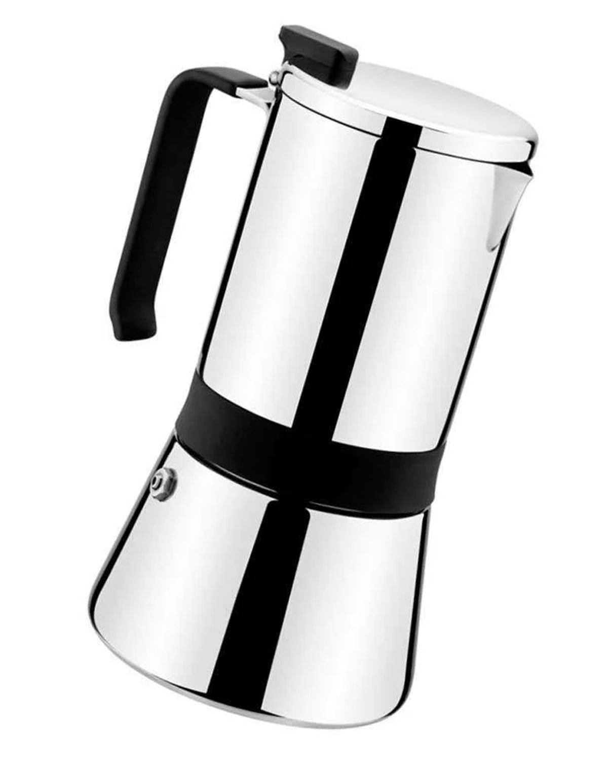 Una cafetera de acero inoxidable con mango y base negros. Está sobre un fondo blanco.