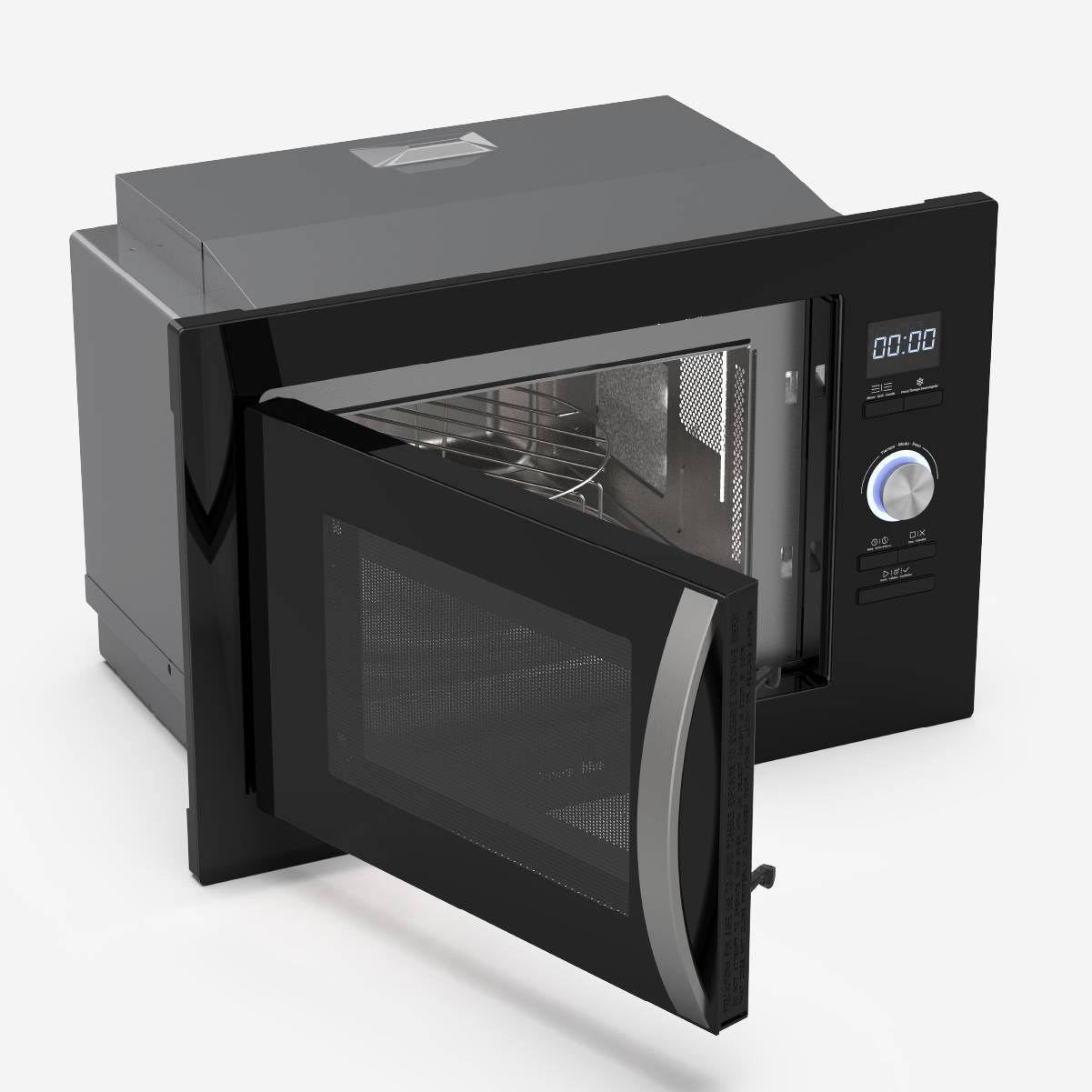 Horno de microondas con la puerta abierta. En el interior hay una bandeja de vidrio y el panel de control es visible.