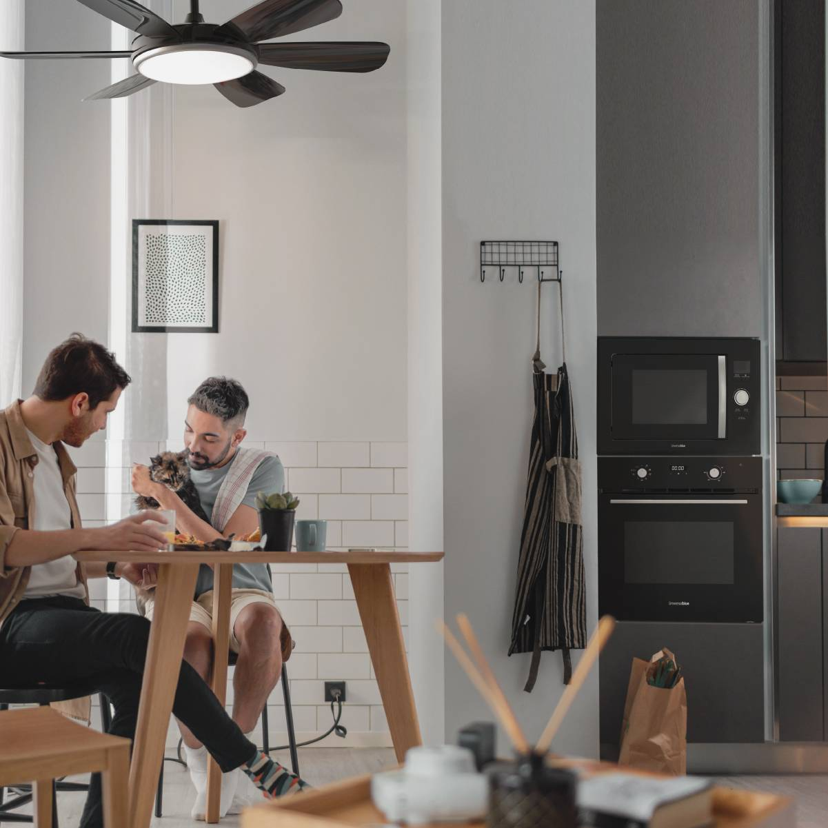 Dos hombres en una cocina, uno sosteniendo un gato. Ambiente de cocina.