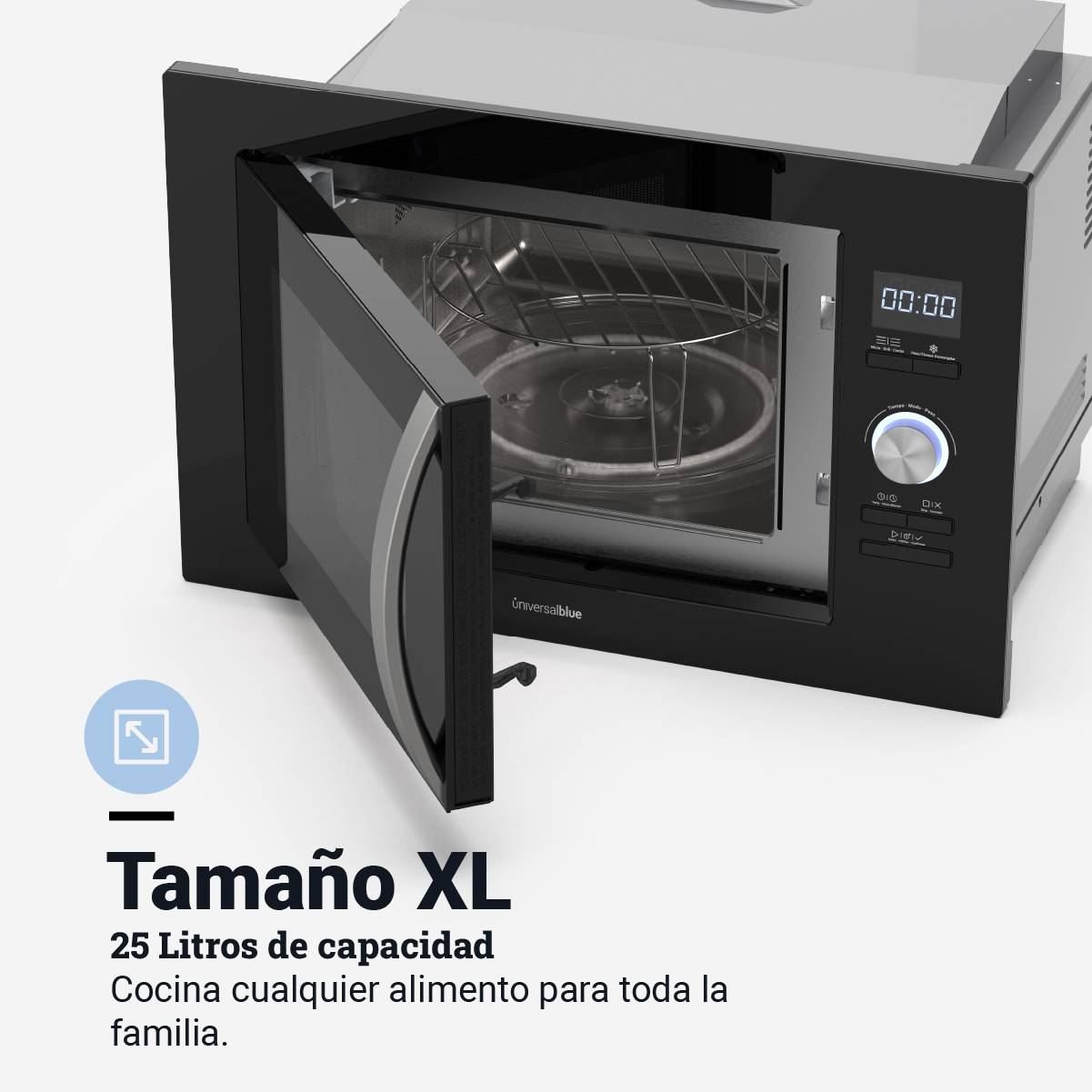 Horno microondas negro con la puerta abierta, mostrando el interior y el panel de control.