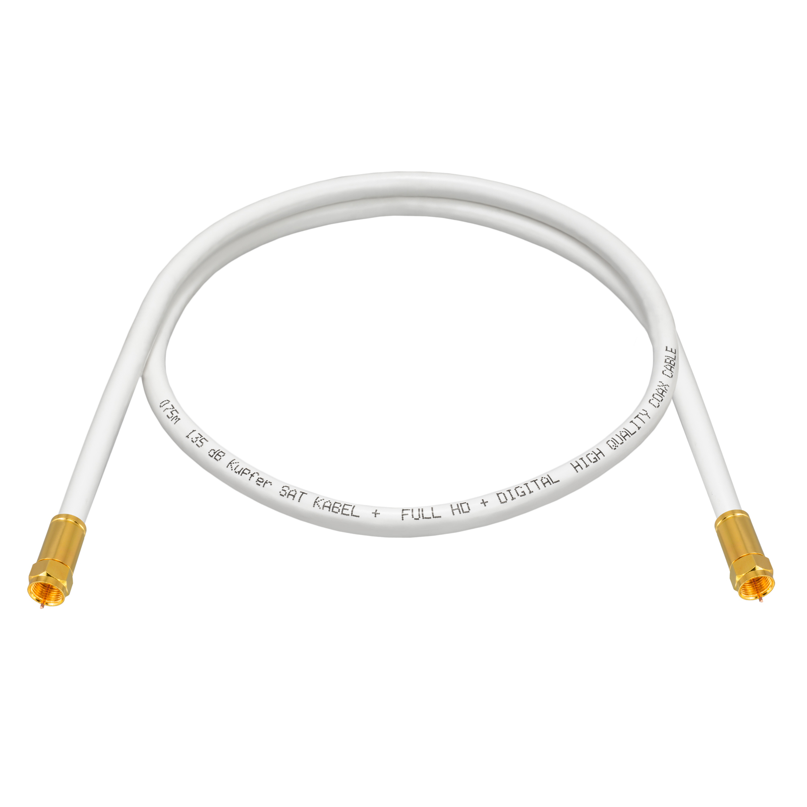 Weißes Koaxialkabel mit goldfarbenen Steckern an jedem Ende, in einer Schlaufe gekräuselt.
