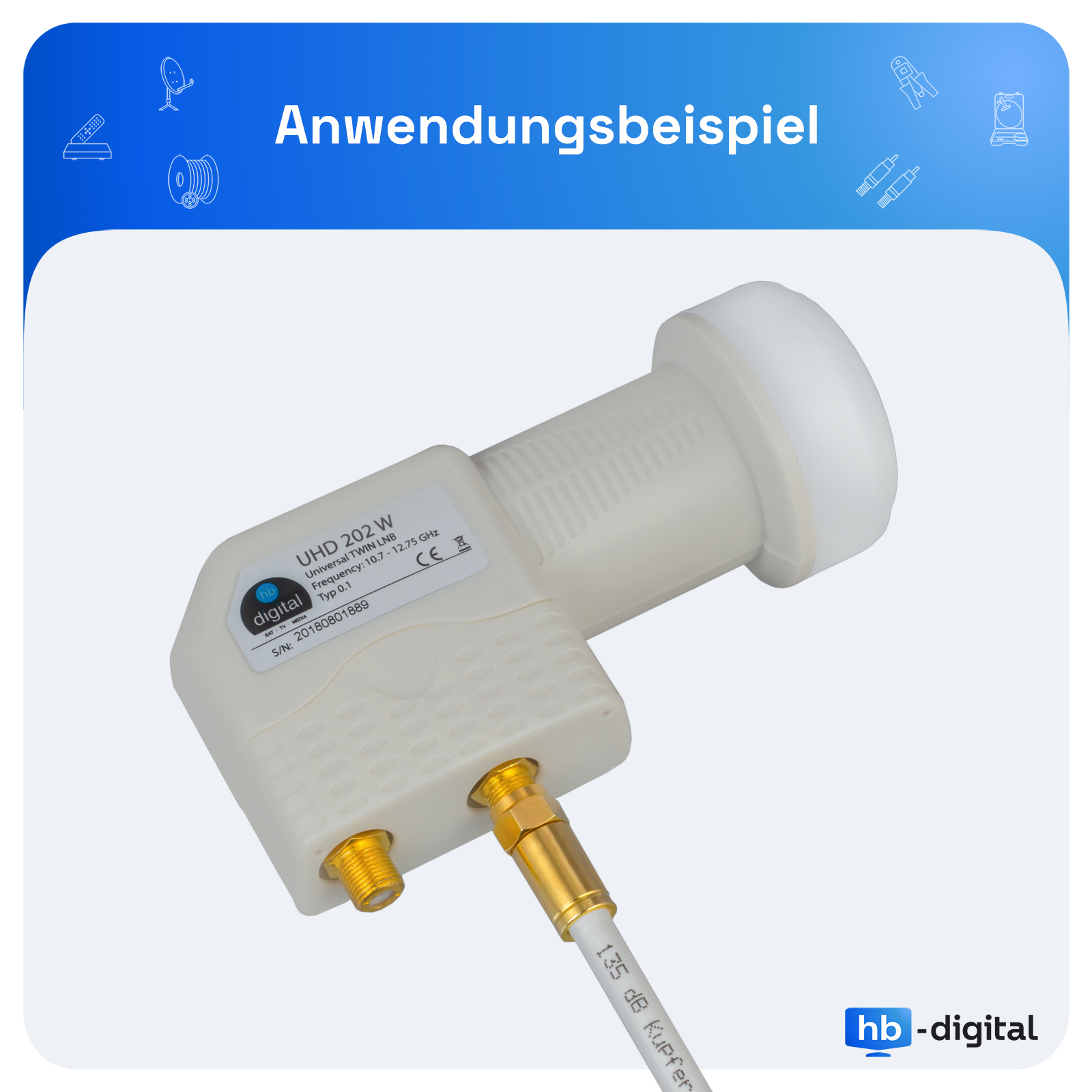 Weißer Satellitenempfänger mit weißem Kabel. Text: UHD-202 W. Unten befindet sich ein silberner Stecker.