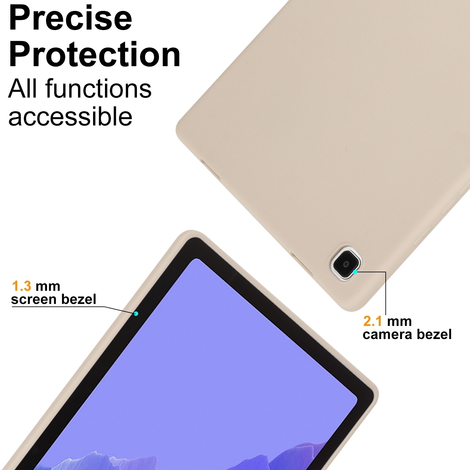 Beige Tablethülle mit Bildschirm- und Kameradetails. Text: 'Präziser Schutz'.