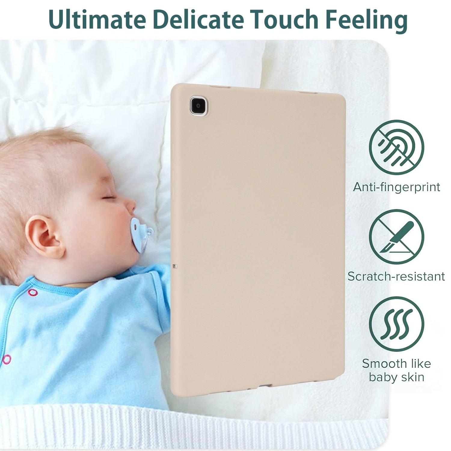 Ein Baby mit Schnuller neben einem beigefarbenen Tablet.