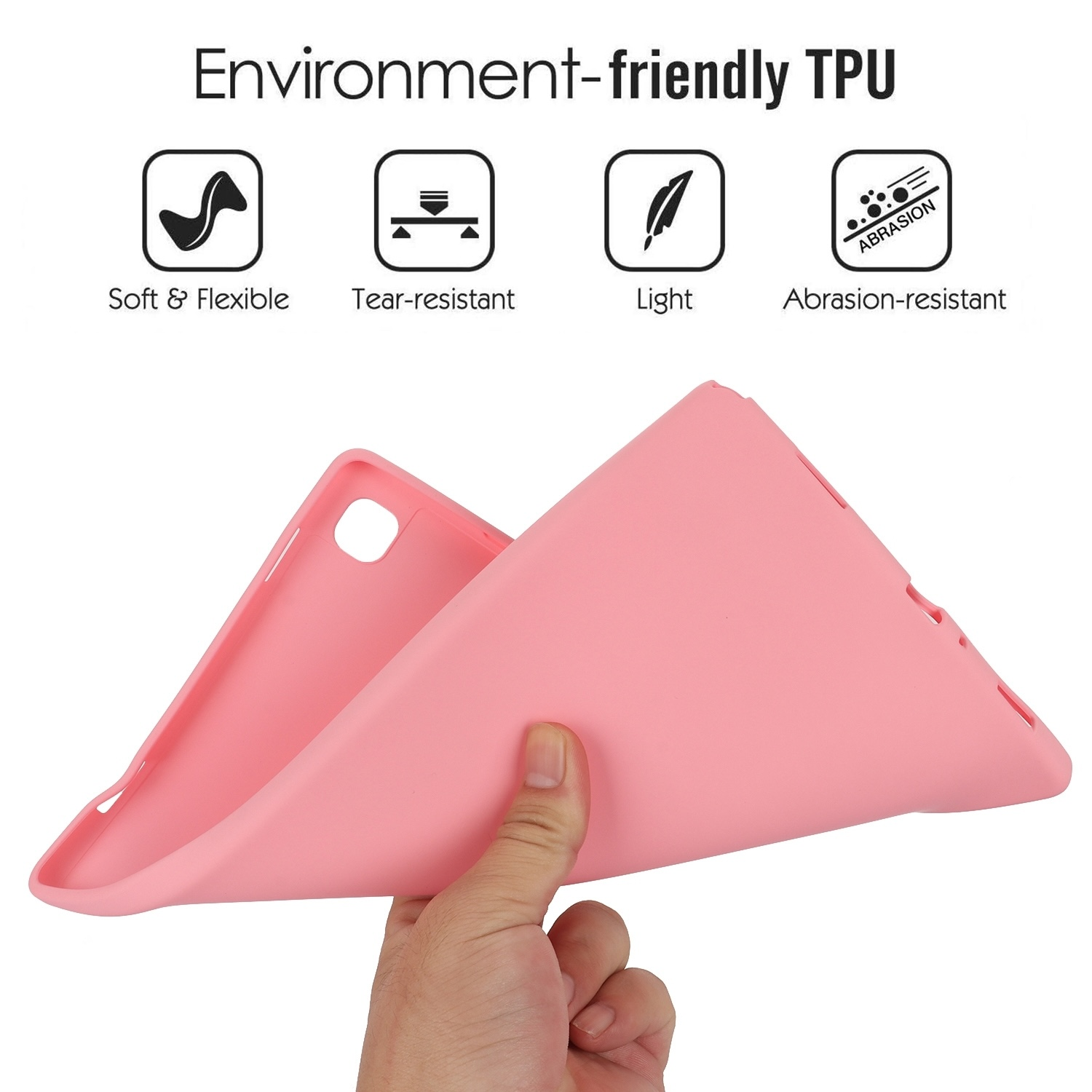Eine rosa Tablethülle, geöffnet, von einer Hand gehalten, mit Symbolen, die Materialeigenschaften anzeigen.