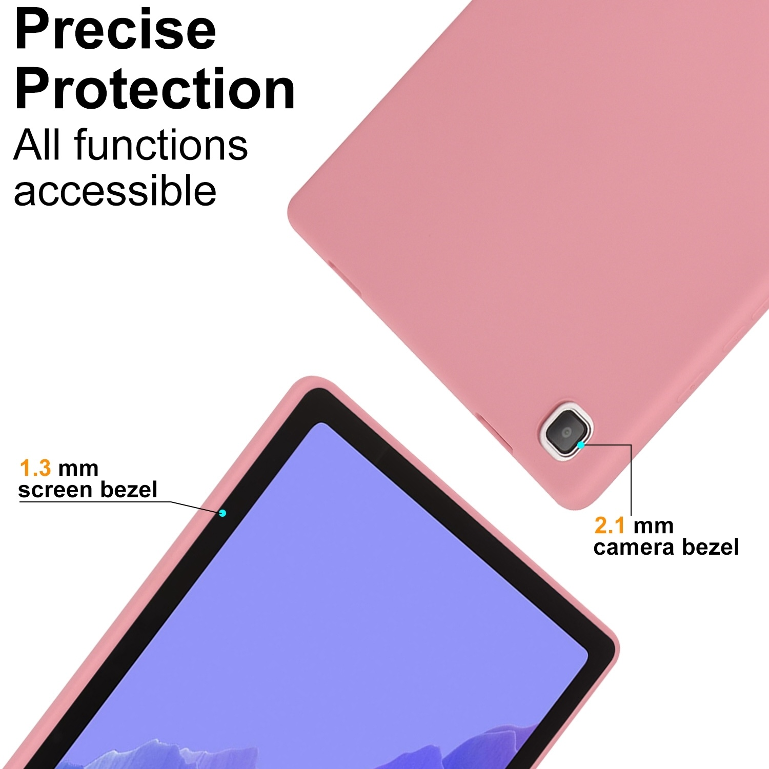 Ein rosa Tablet mit rosa Hülle, das Text über Bildschirm- und Kamerarahmenmaße zeigt.