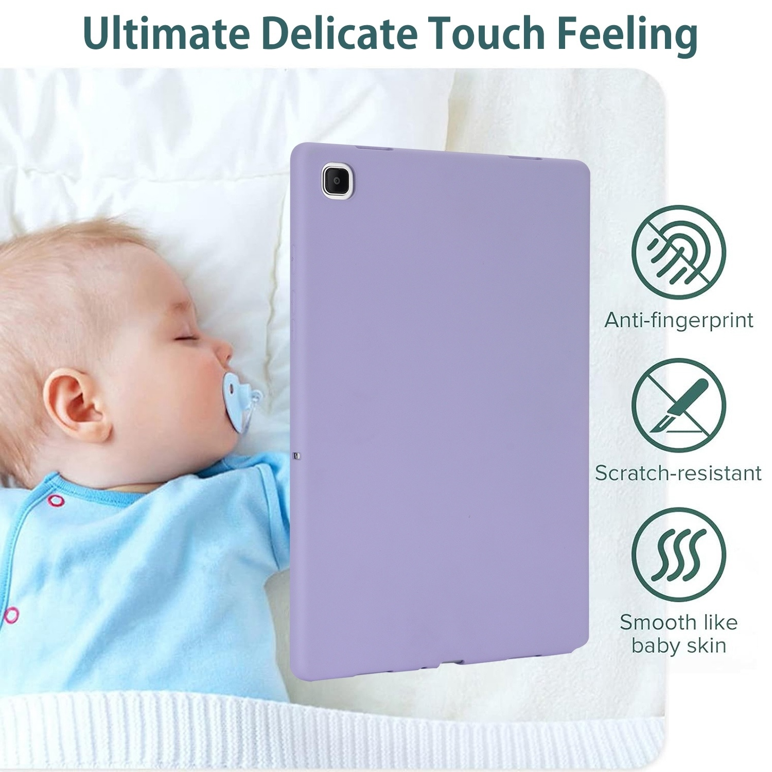 Ein Baby schläft neben einem Lavendel-Tablet. Die Tablethülle hat Symbole.