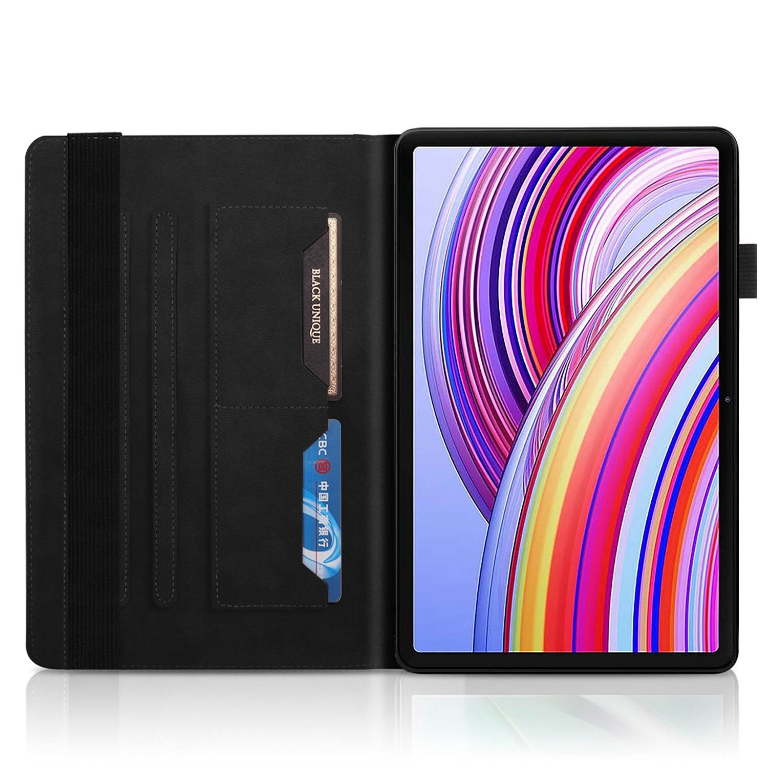 Schwarzes Tablet mit farbenfrohem Bildschirm, offenes schwarzes Etui mit Kartenfächern, auf weißem Hintergrund.