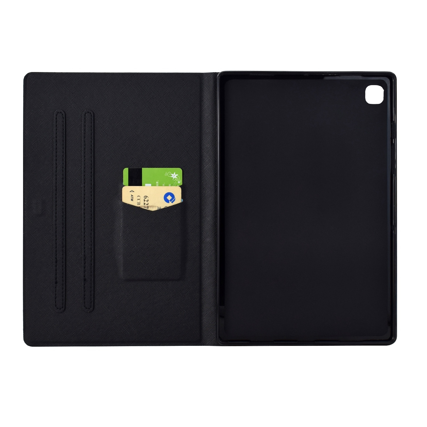 Funda negra para tableta con ranuras para tarjetas. Abierta, revelando una tarjeta y el espacio para la tableta.