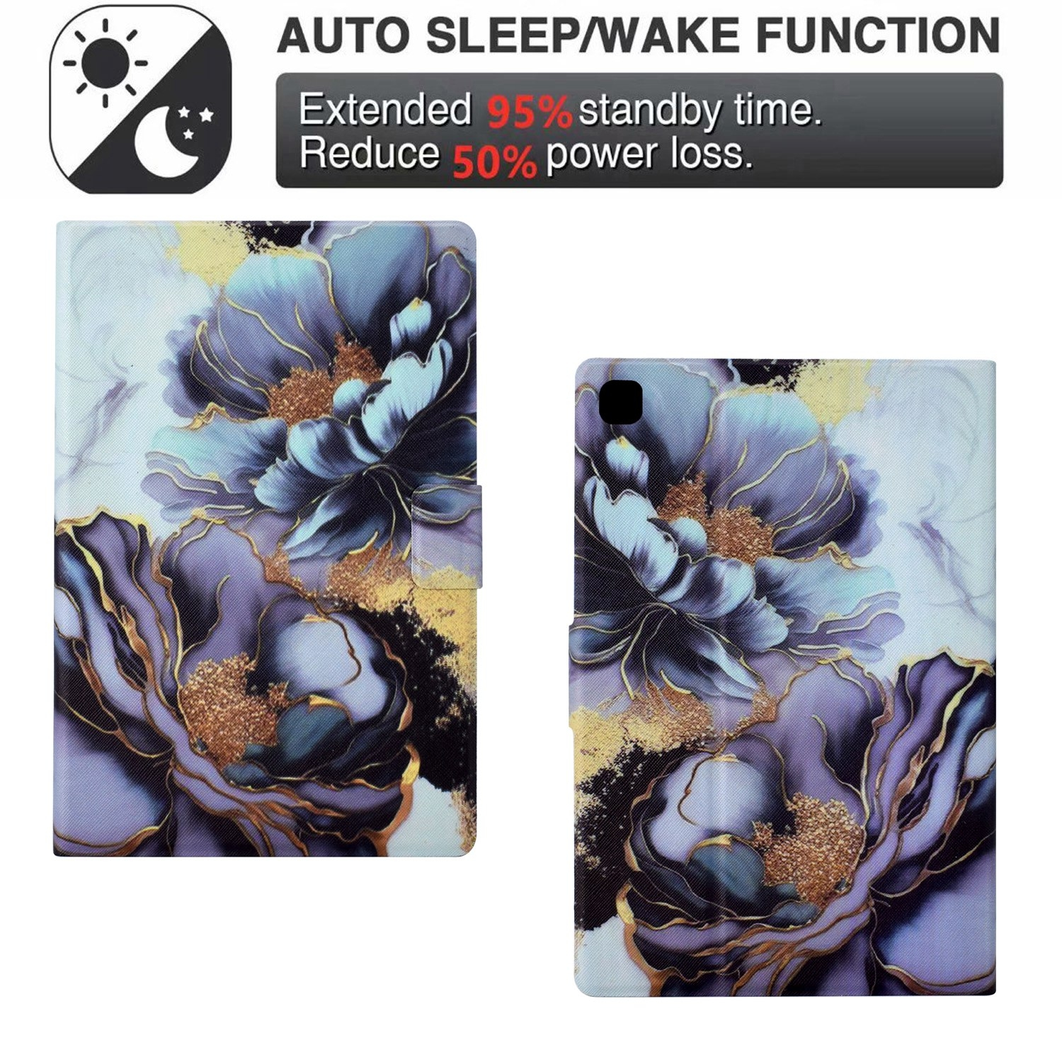 Funda floral para tableta. Función de suspensión/activación automática. Mayor tiempo de espera, menos consumo.