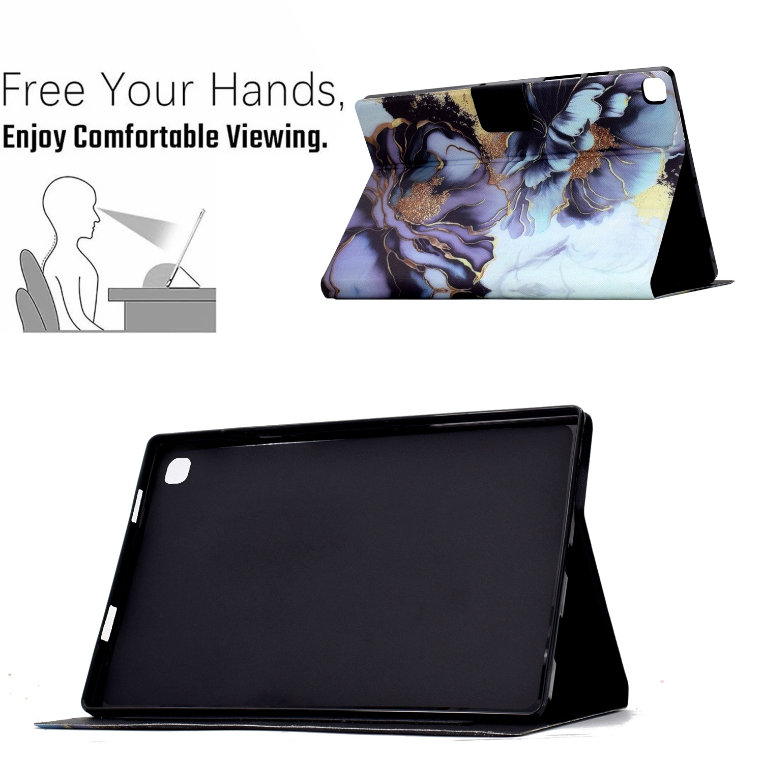 Una funda para tableta con un estampado floral, abierta para mostrar una tableta en el interior. La funda es negra.