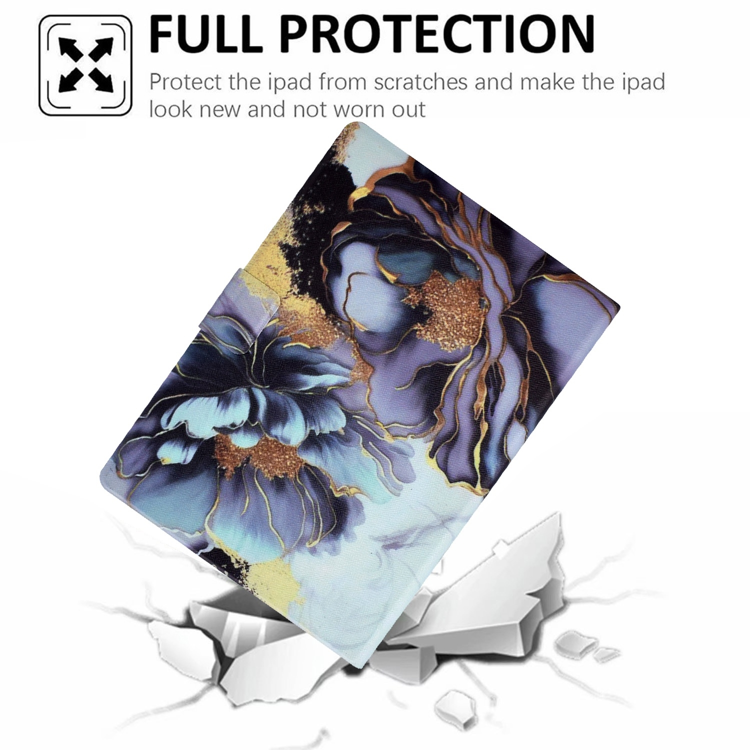 Funda para tableta con diseño floral, cayendo sobre una superficie agrietada. Texto: 'PROTECCIÓN COMPLETA' y descripción.