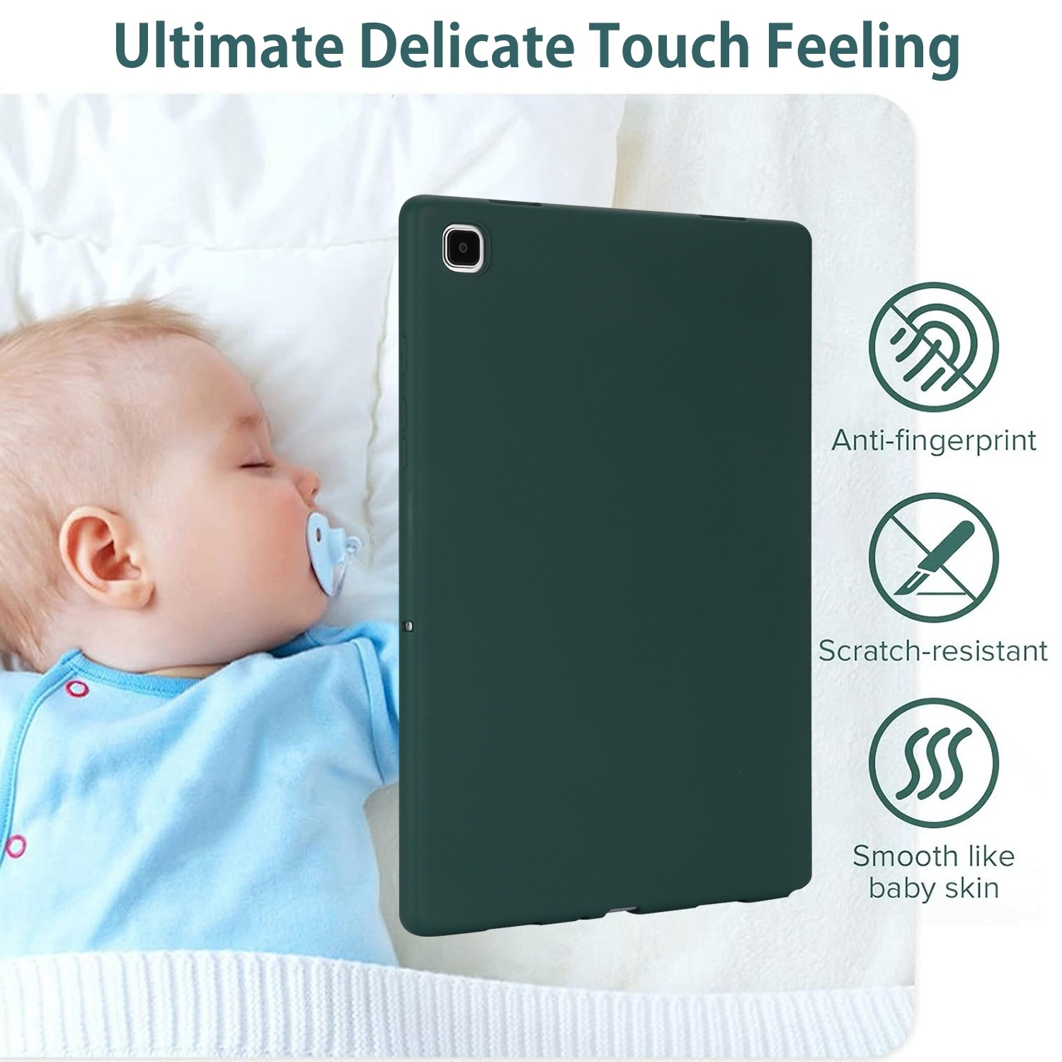 Schlafendes Baby neben einer dunkelgrünen Tablethülle. Symbole für Anti-Fingerabdruck, kratzfest & glatt.