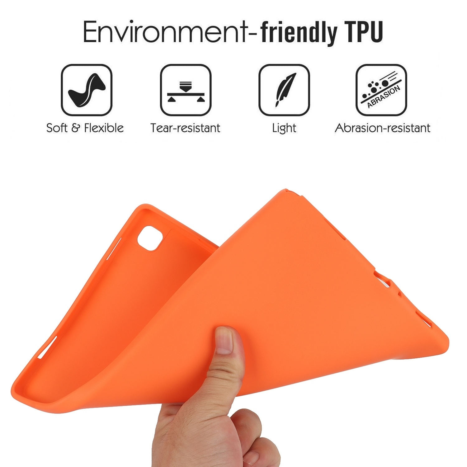 Eine offene orangefarbene Tablethülle. Die Hülle besteht aus TPU und hat vier Icons und Text darüber.