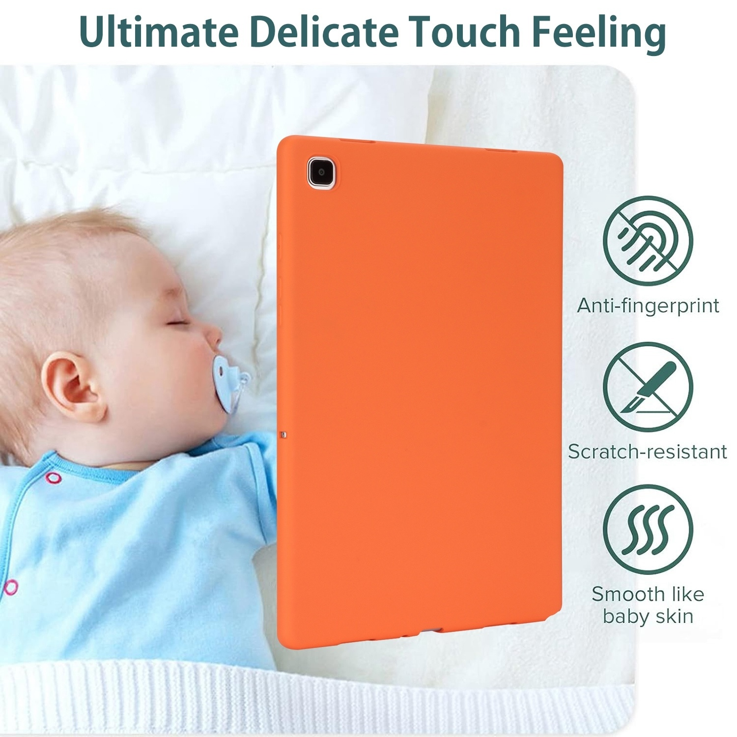 Baby schläft neben einem orangefarbenen Tablet. Text zeigt, dass es Anti-Fingerabdruck, kratzfest und glatt ist.