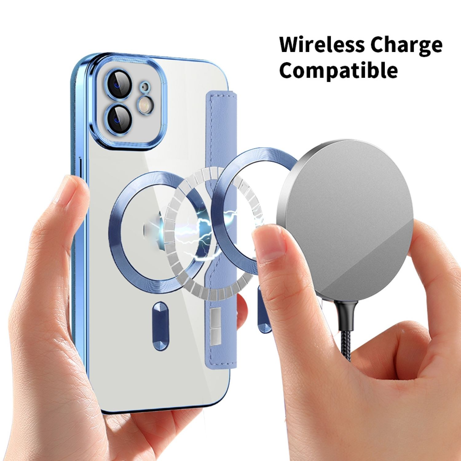Mano sosteniendo un teléfono con funda azul. Cargador inalámbrico adjunto. Texto: Wireless Charge Compatible.