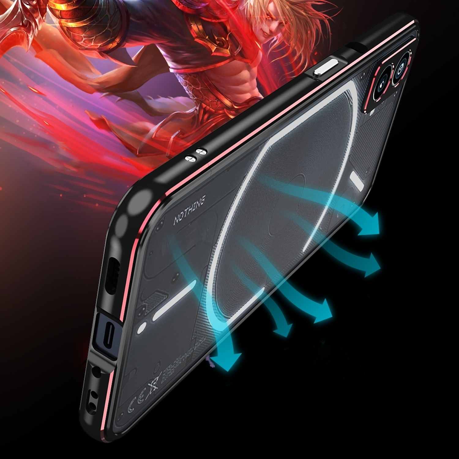 Transparente Handyhülle auf schwarzem Telefon mit rotem und weißem Design. Geneigt.
