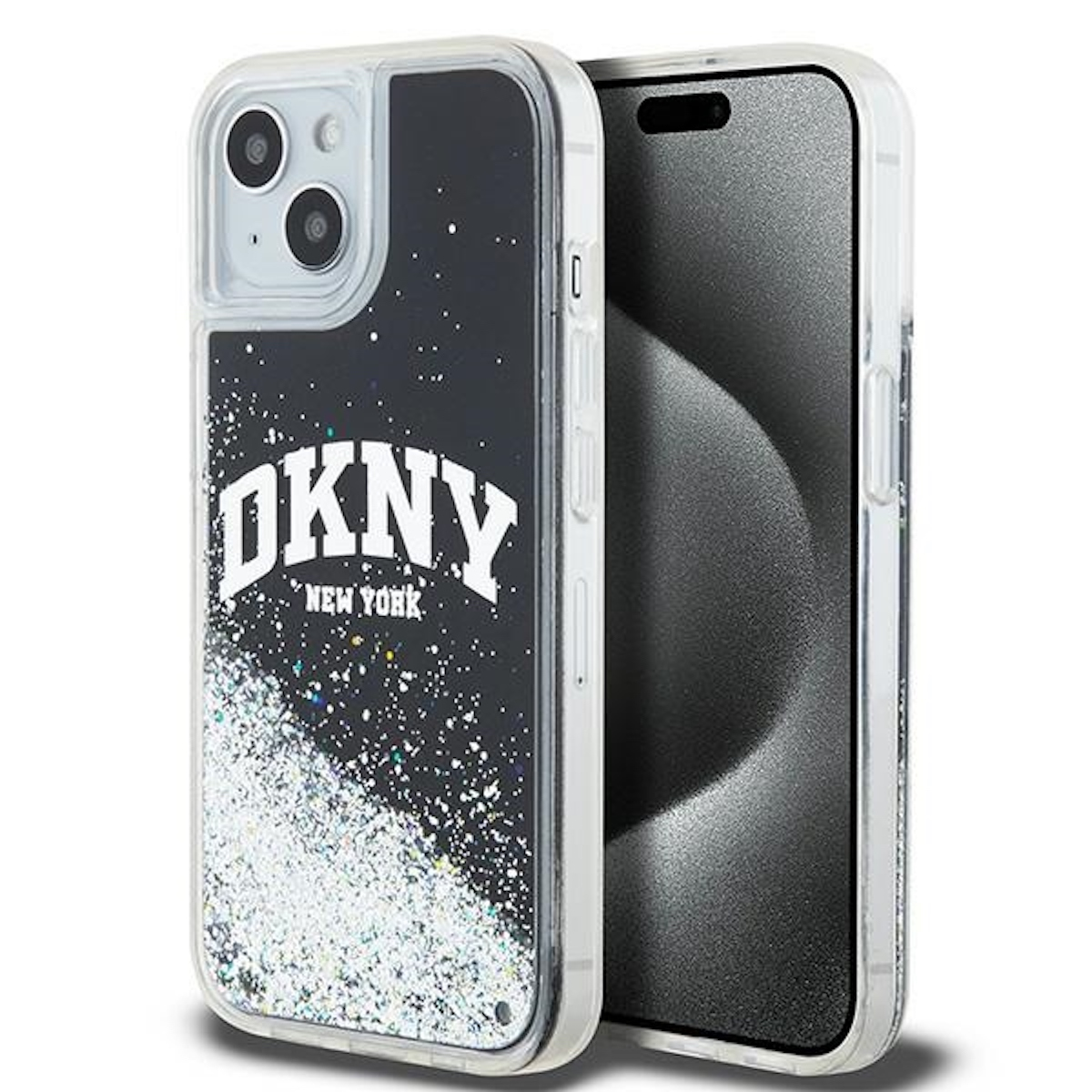 Custodia per iPhone con logo DKNY e glitter, insieme a una protezione schermo.
