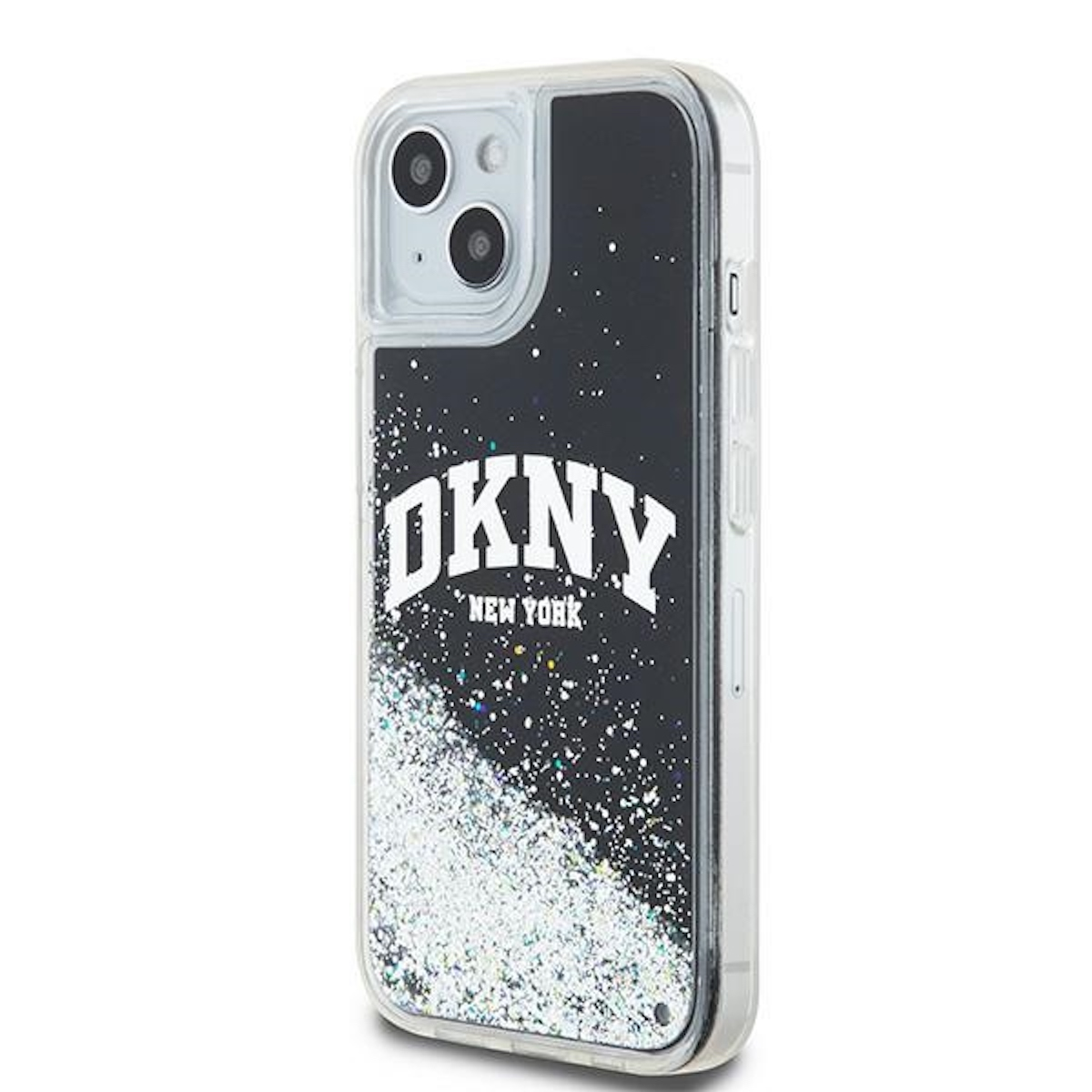 Custodia per iPhone con cornice trasparente e design DKNY nero pieno di glitter.