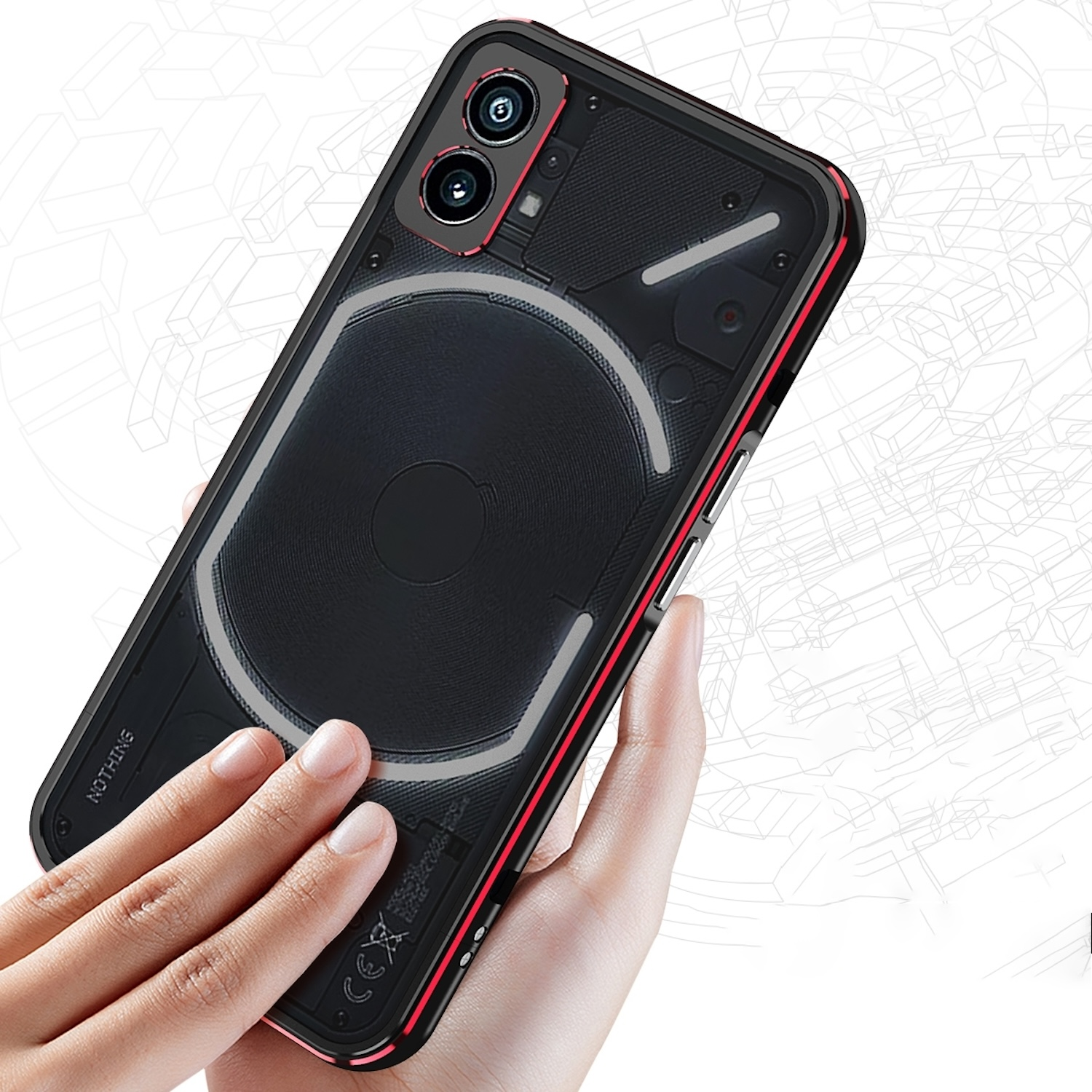 Eine Hand hält ein Telefon in einer transparenten Hülle. Das Telefon hat ein einzigartiges Design und rote Kanten.