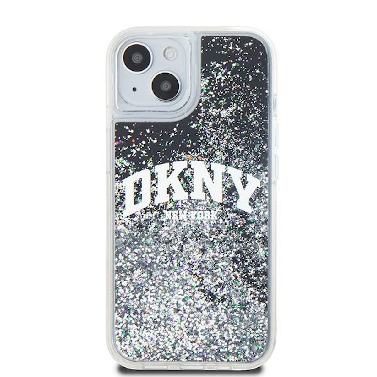 Una custodia per telefono con logo DKNY e glitter. La custodia è trasparente con sfondo nero glitterato.