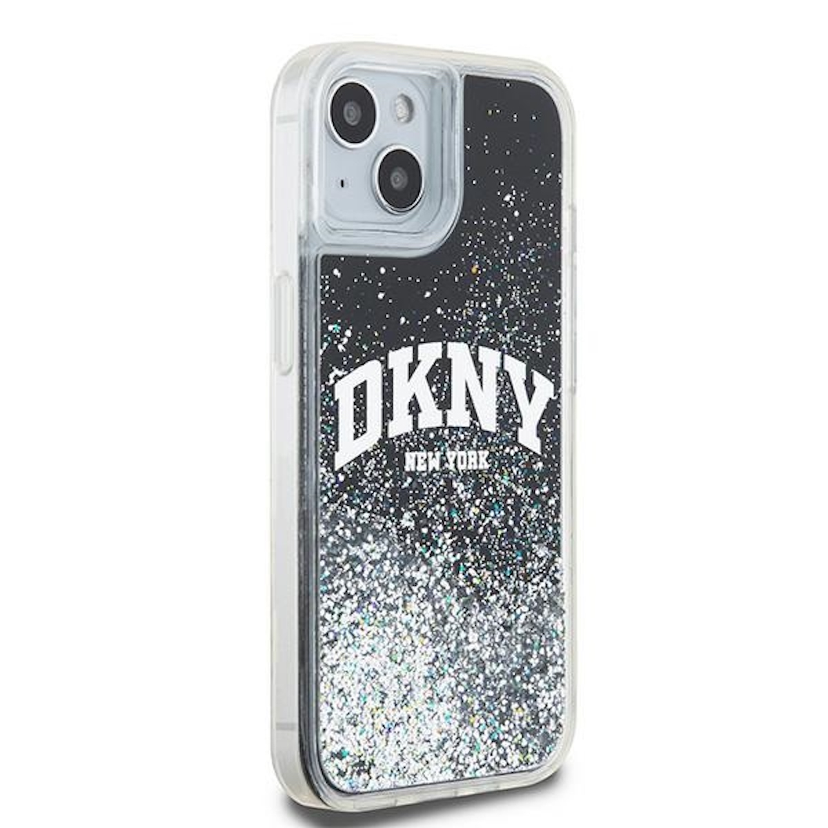 Custodia per telefono DKNY con sfondo nero, logo DKNY bianco e glitter argentati.