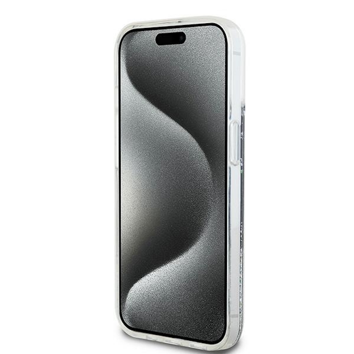 Uno smartphone in una custodia trasparente, che mostra un disegno ondulato sullo schermo.