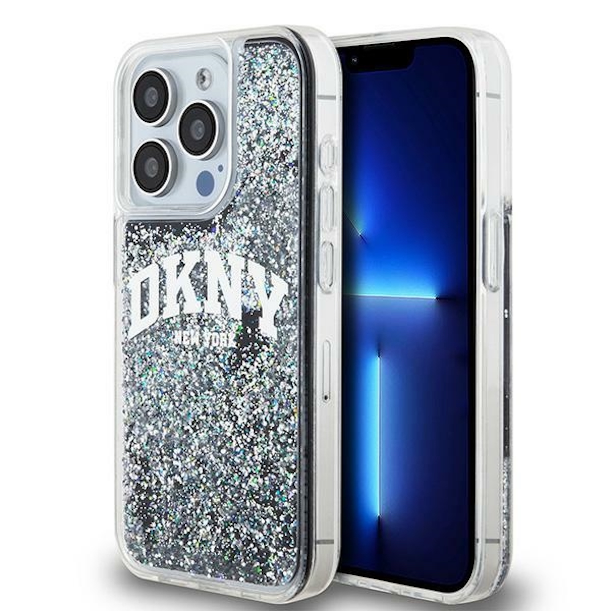 Una custodia per telefono con glitter, il logo DKNY e un telefono.