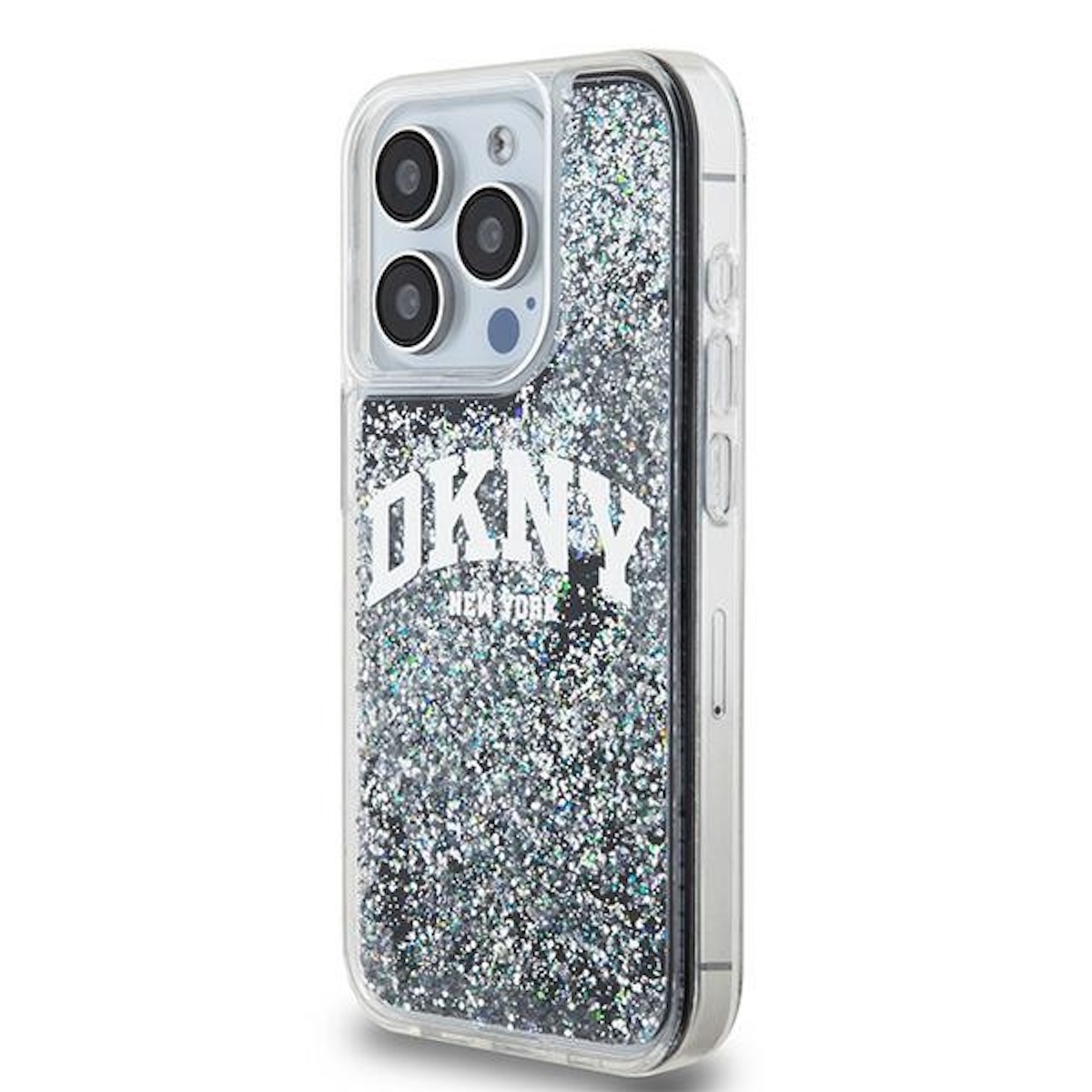 Una custodia per telefono con logo DKNY. La custodia è trasparente con glitter argentati.