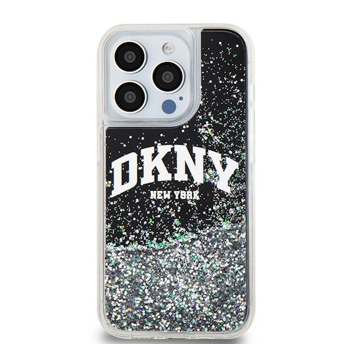 Custodia per telefono con base nera e glitter argentati, con il logo DKNY. La custodia è trasparente con un bordo nero.