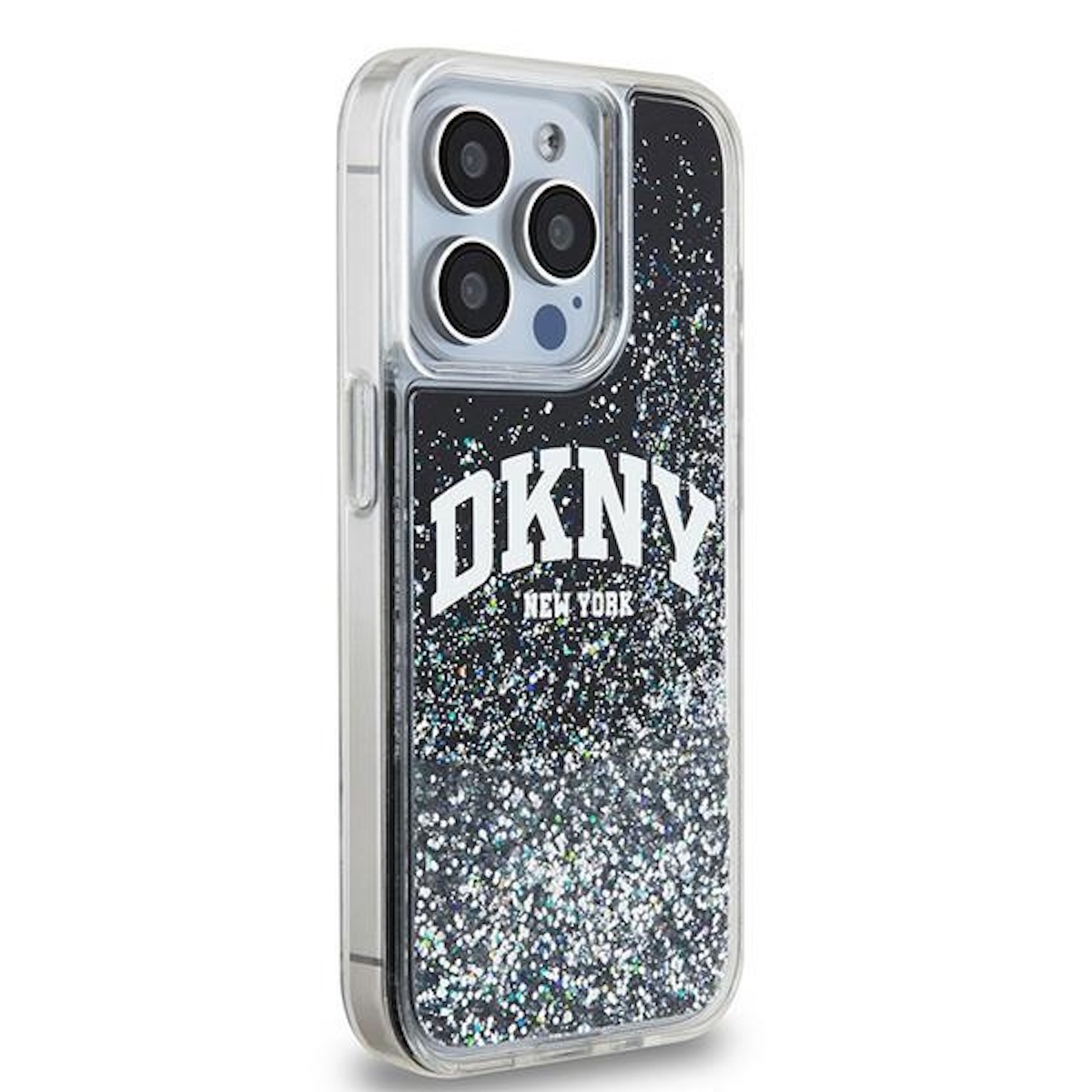 Custodia nera per iPhone con logo DKNY, design glitter argento e tre lenti della fotocamera.