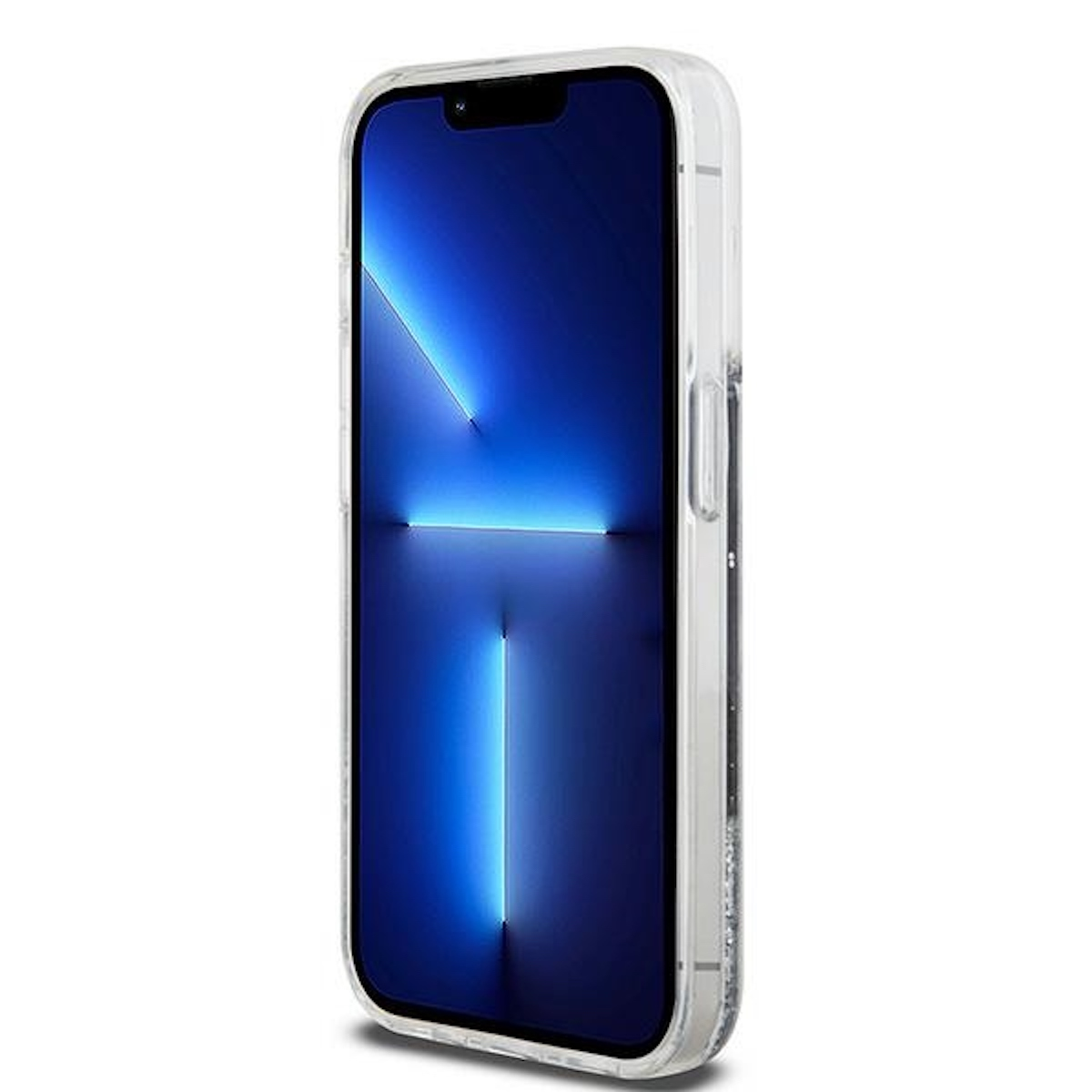 Un iPhone moderno in una custodia trasparente. Lo schermo mostra un effetto di luce blu.